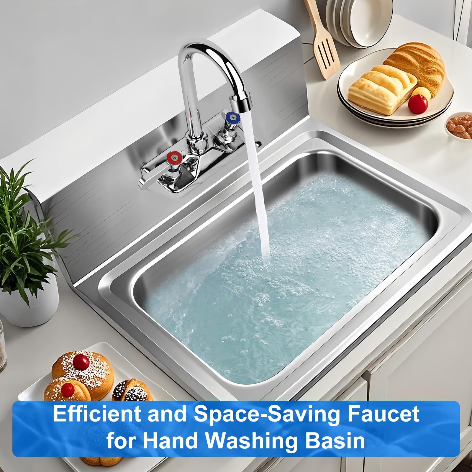 Zkdausdo 4 Inch Center Commercial Sink Faucet Wall Mount Kitchen Hand Sink Faucet, 1/2" Npt Male Inlet, Brass Constructed & Chrome Polished, With 3-1/2" Gooseneck Spout & Dual Lever Handles