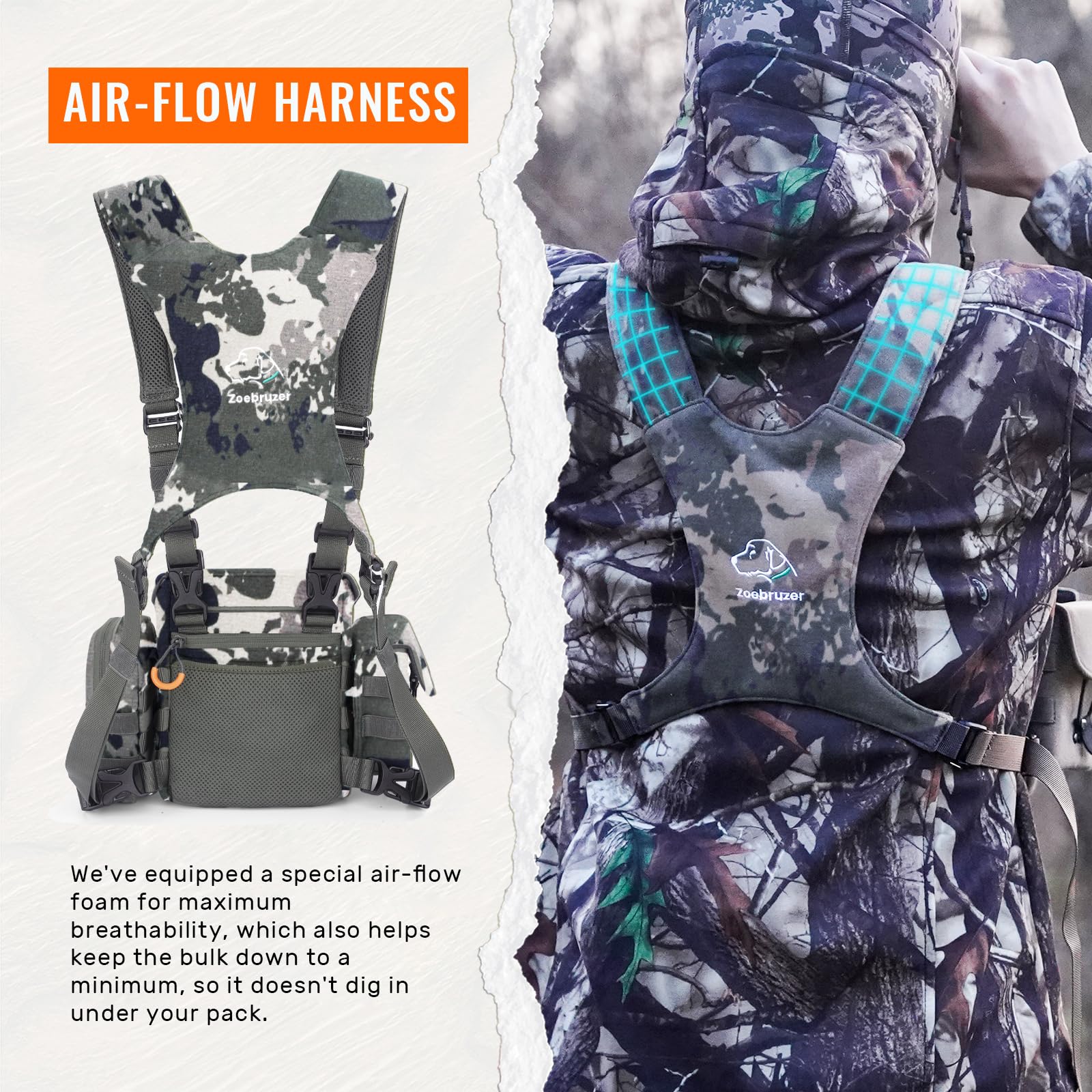 Zoebruzer Binocular Harness Chest Pack, Bino Harness Bag With Rangefinder Pouch & Rain Cover, Molle System Multifunction Hunting Pack