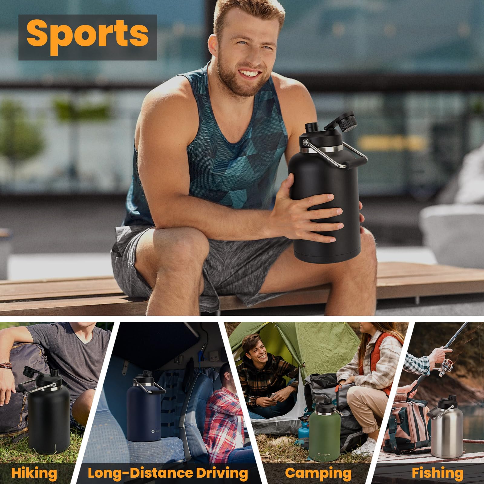 128 Oz Insulated Water Bottle With Spout Lid And Handle, One Gallon Stainless Steel Double Vacuum