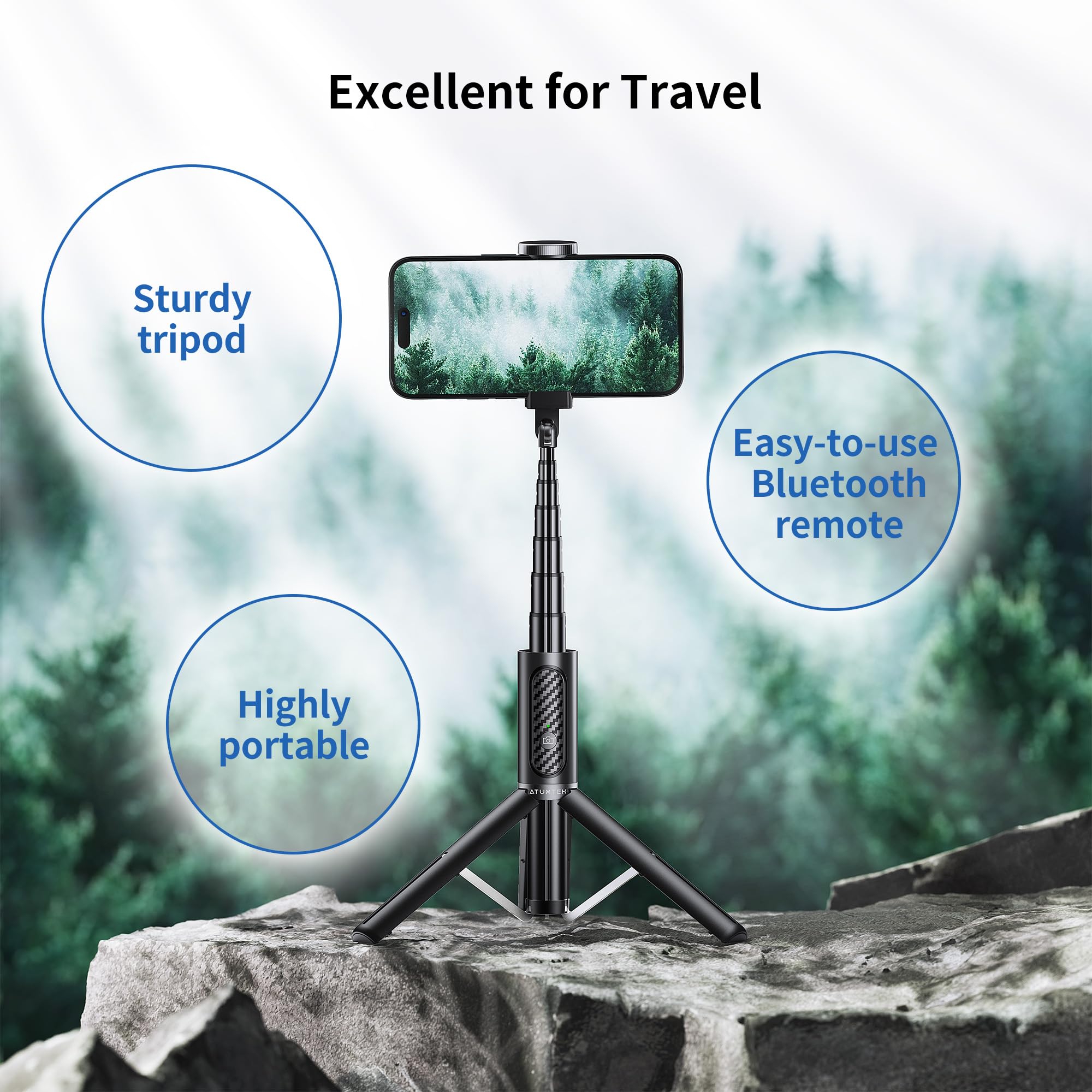 Atumtek Selfie Stick Tripod, Extendable 3 In 1 Aluminum Bluetooth Selfie Stick With Wireless Remote And Tripod Stand For Iphone 16/15/14/13/12/11 Pro Max/Xs Max/Xs/Xr/X/8/7, Samsung Smartphones Black