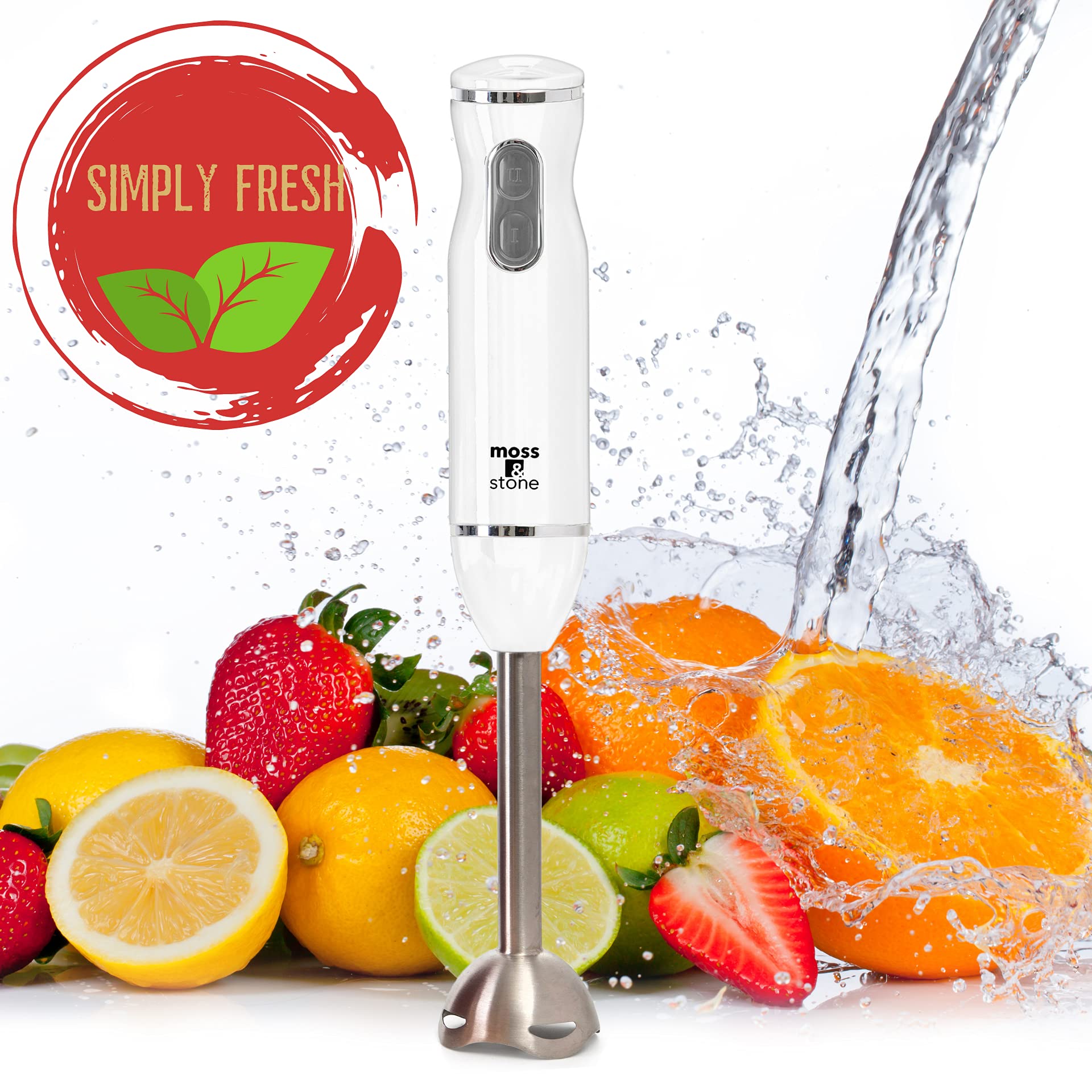 Moss & Stone Hand Blender With Egg Whisk & Chopper, Powerful 300 Watt Stick Blender, Hand Mixer Set Stainless Steel Shaft & Blades, White Handheld Blender With Ergonomic Handle