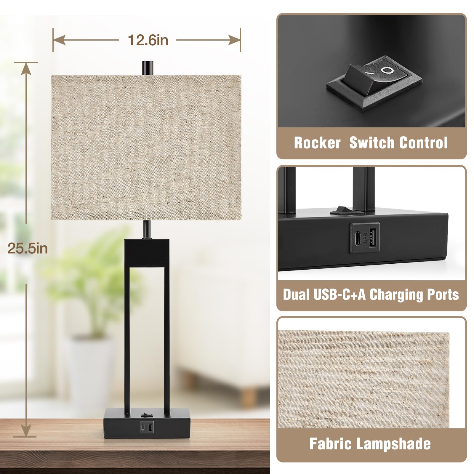 Gyrovu 25.5’’ Nightstand Table Lamps For Bedrooms Set Of 2, Bedside Lamp With Usb C+A, 3 Colors Changeable Living Room Lamps For End Tables, Modern Night Stand Lamps For Bed Side Guest Room Office Reading