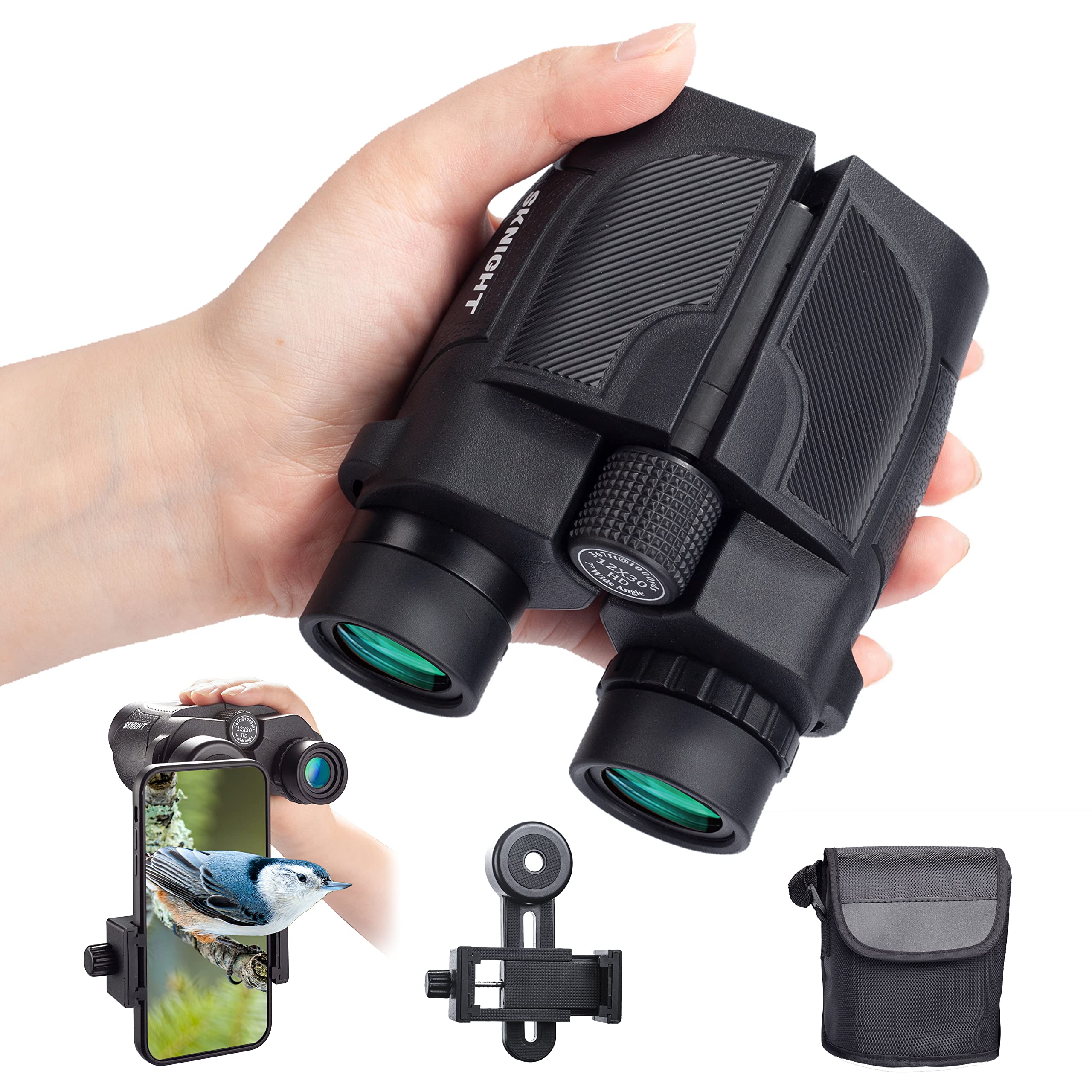 Daoneg Sknight 12X30 Compact Binoculars For Adults And Kids With Phone Adapter, Small Binoculars With Large View, Lightweight Binoculars For Travel Bird Watching Concert Sports