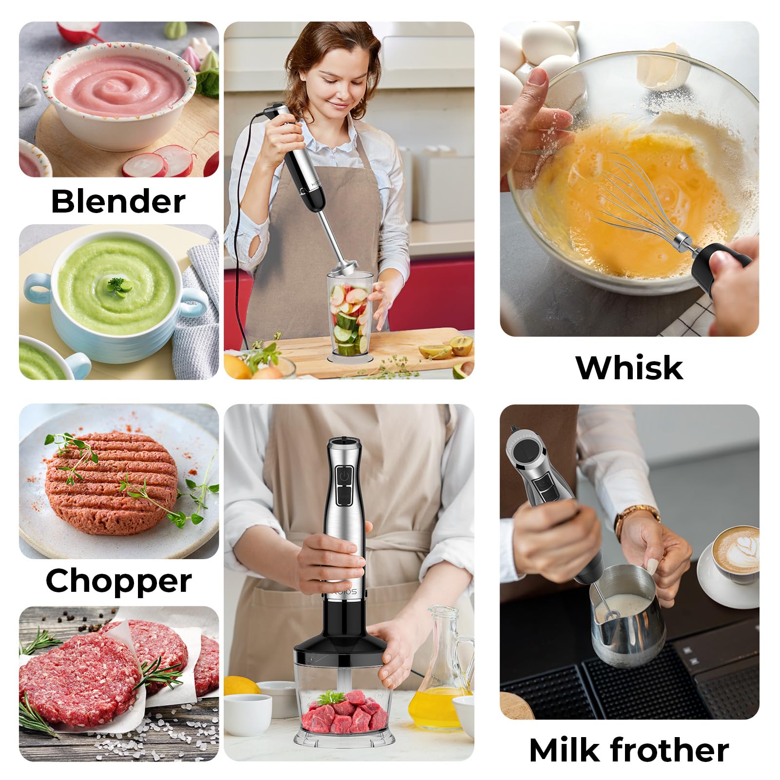 Koios Immersion Blender, 1100W 5-In-1 Multi-Purpose Hand Blender, 12-Speed, 600Ml Beaker, 500Ml Chopper, Egg Whisk, Milk Frother, Black
