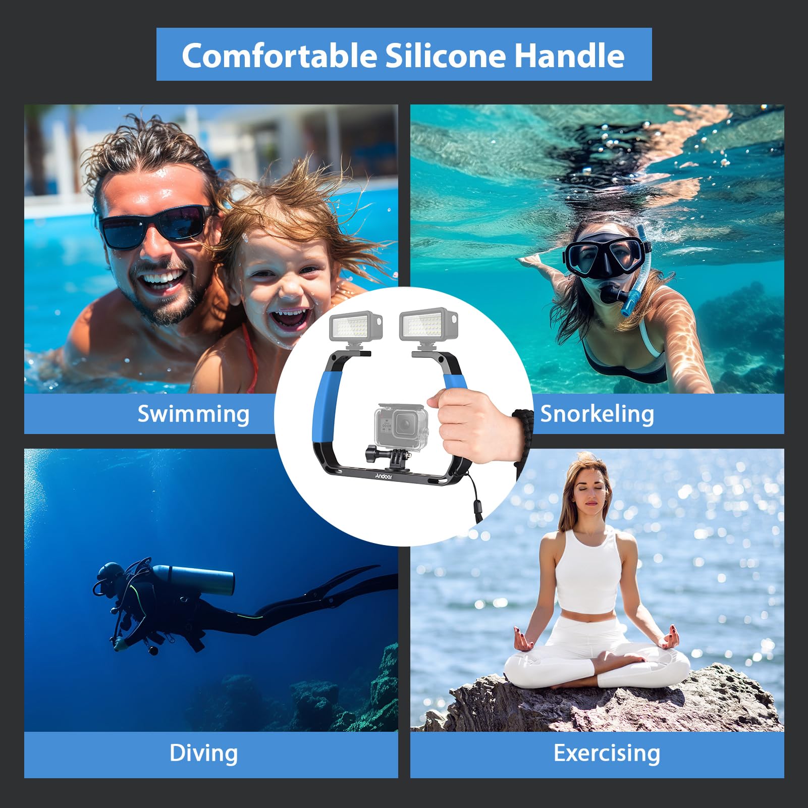 Andoer Submersible Stabilizer Mount, Handheld Stabilizer For Action Camera With Mounts For Cold Shoes Strap Compatible With Gopro Hero 12/11/10, Dji Osmo Action 4/3/2, Insta360, Azul