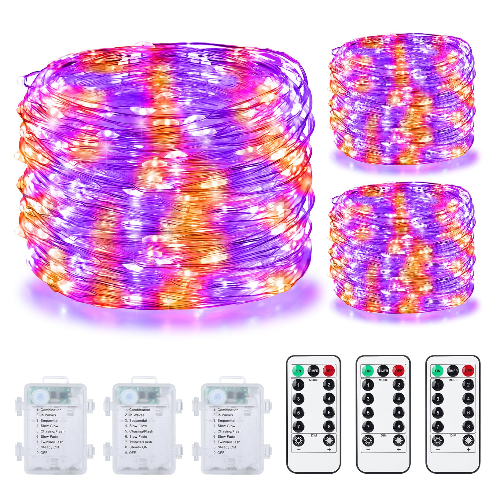 Mlambert 3 Pack 33Ft Fairy Lights Battery Operated With Remote And Timer, Dimmable Waterproof 8 Modes Lights For Indoor Outdoor Party-Orange/Purple