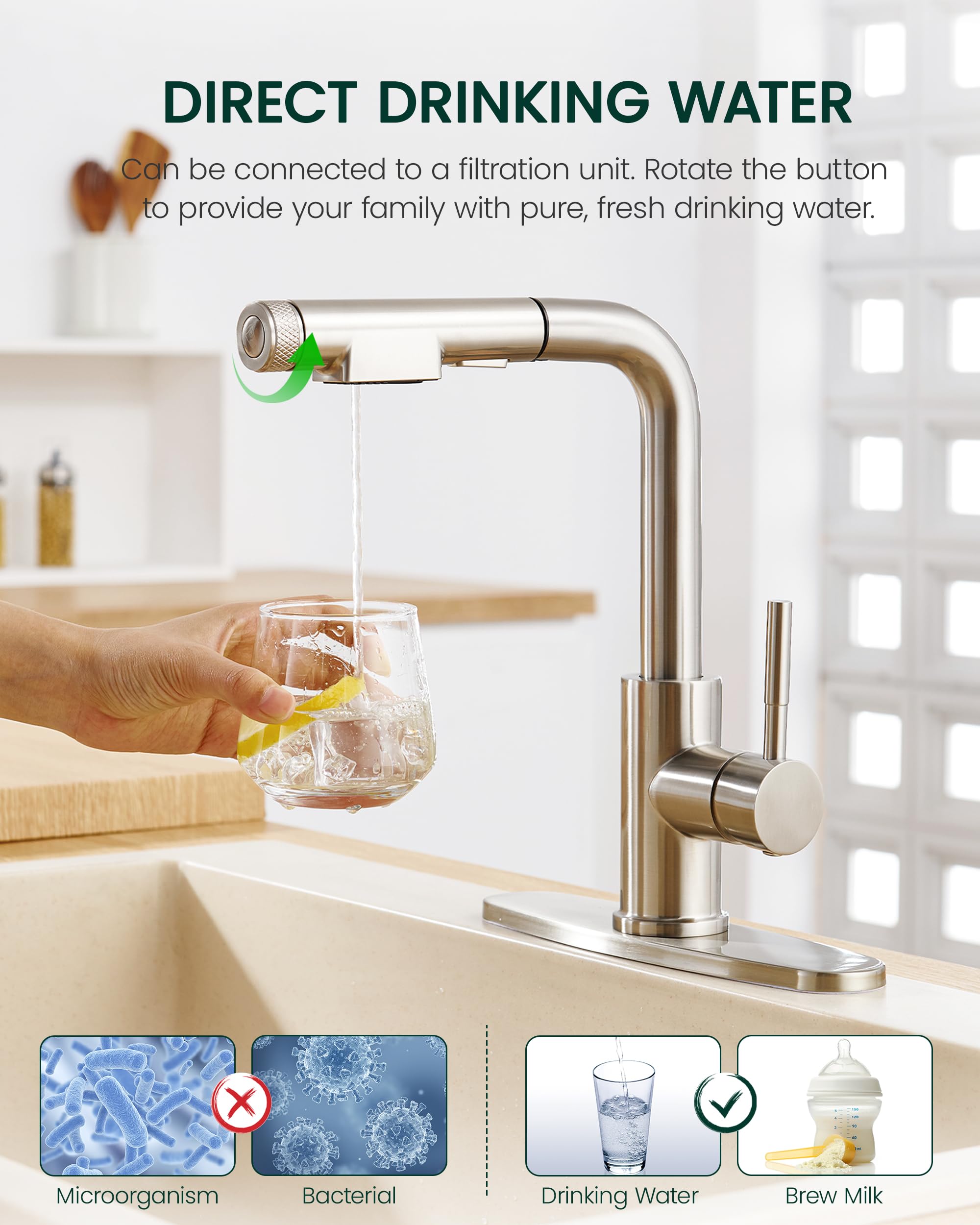 Heisok Kitchen Faucet With Pull Down Sprayer - 3 In 1 Kitchen Sink Faucet, Stainless Steel Filtered Water Faucet Single Lever Drinking Water Faucet For 1 Or 3 Hole, Brushed Nickel