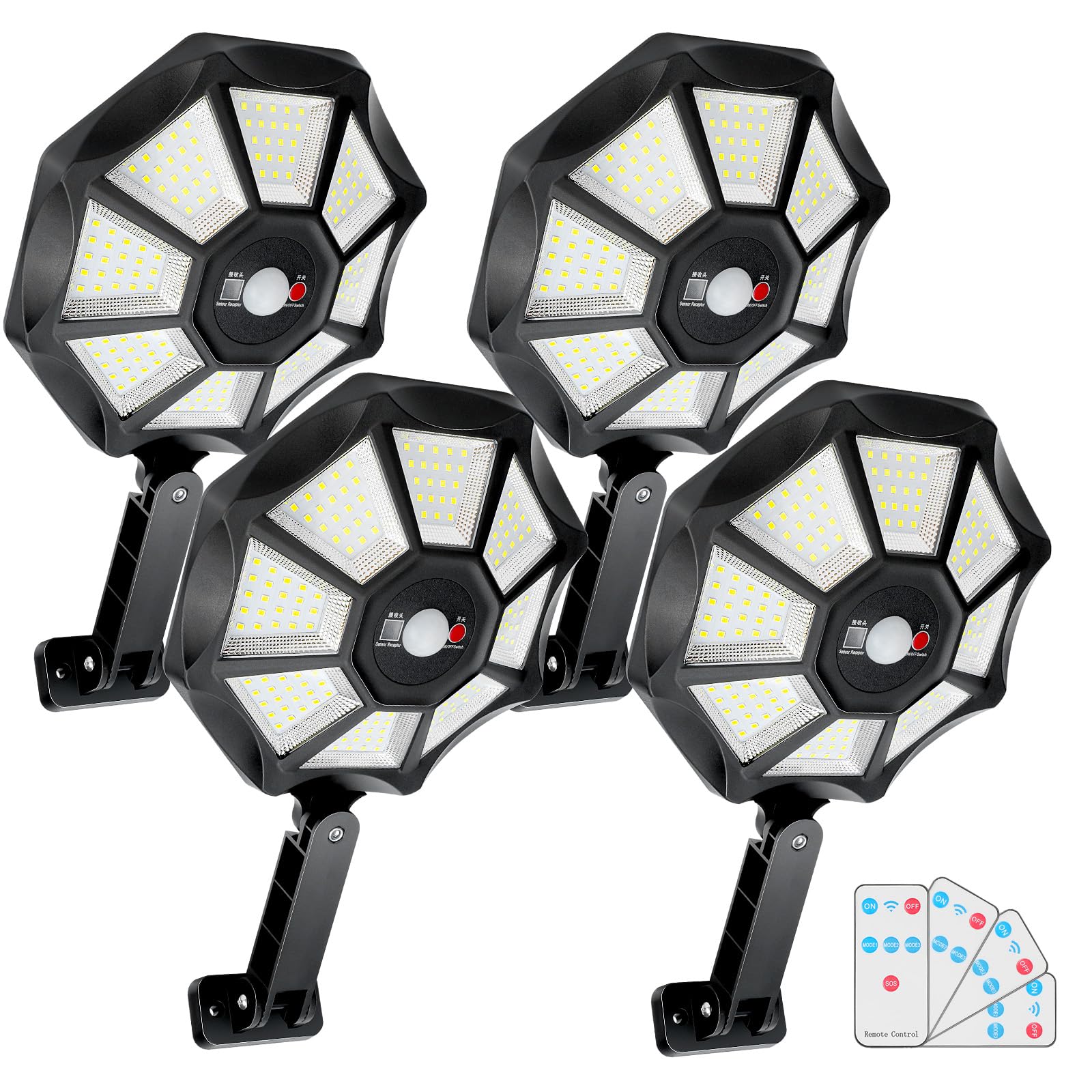 Aitermond 4-Pack 300W Solar Outdoor Lights, Dusk To Dawn Motion Sensor Flood Light, 168 Led Solar Powered Street Lights With Remote Control, 6500K Waterproof Security Lamp For Yard Parking Lot