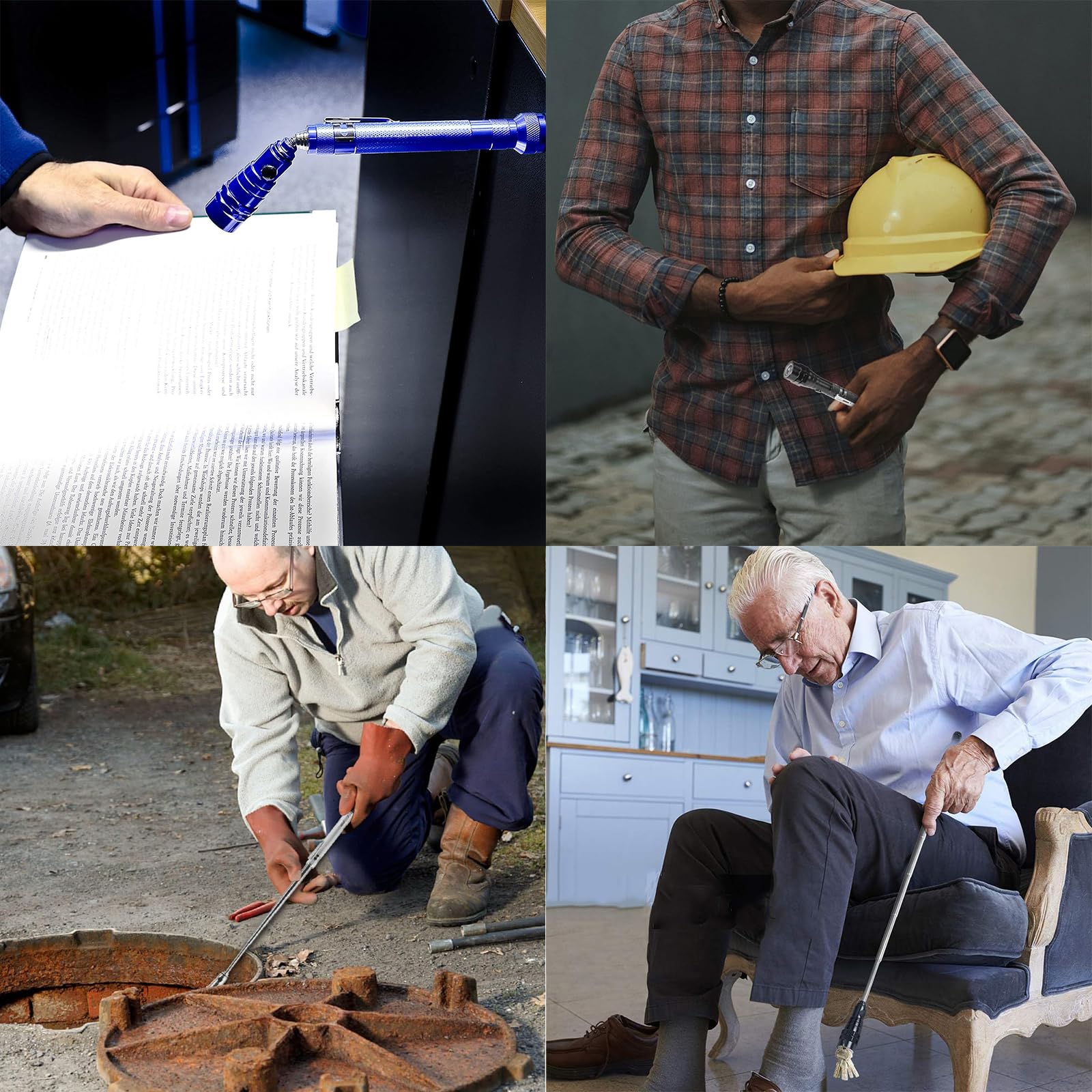 Modoao Telescoping Magnetic Flashlights, 4 Pack Magnetic Telescopic Elastic Picking Tools With Clip, Led Telescopic Flexible Extensible Flashlights, For Easy Retrieval Of Metal Tools