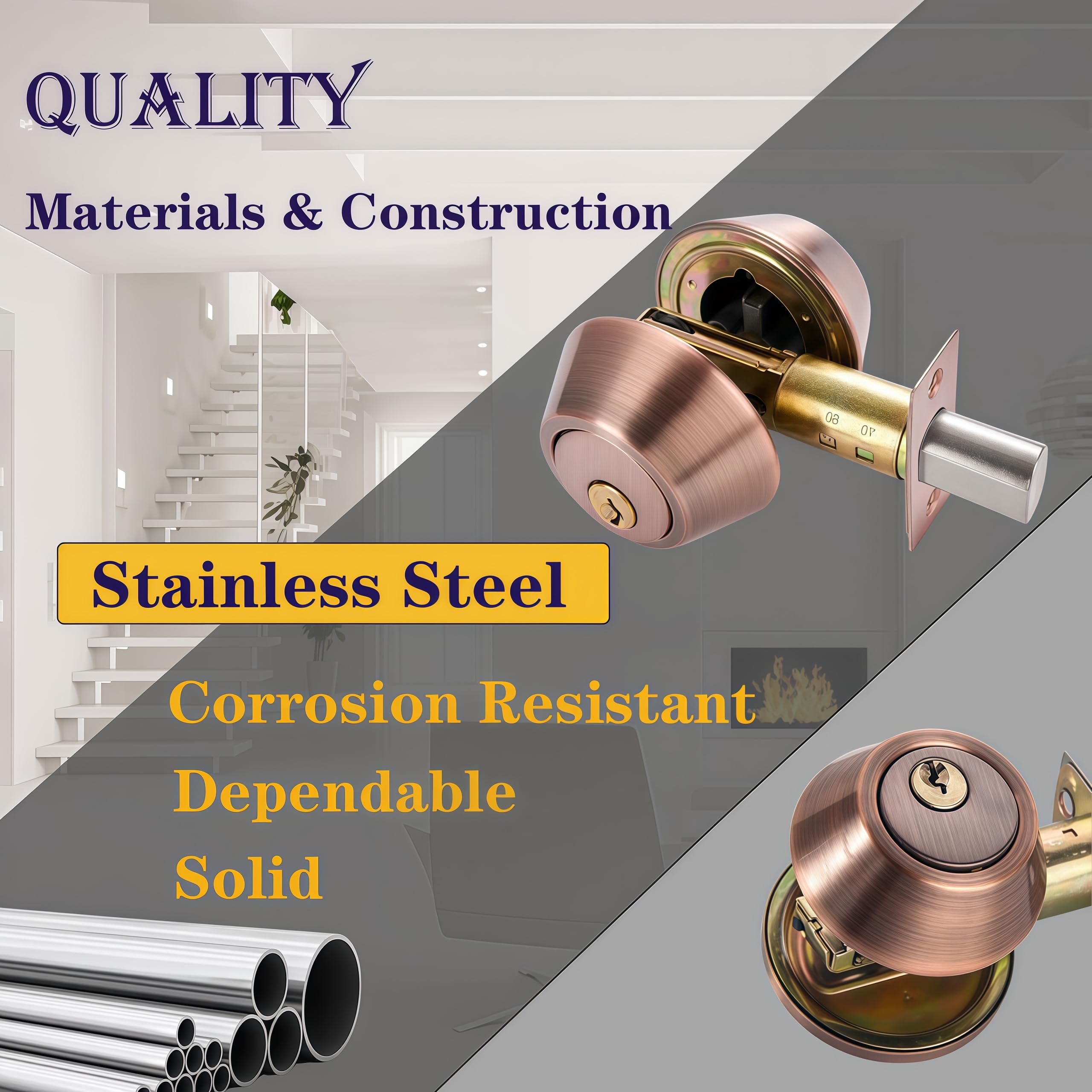 Eiqikayo Retro Red Double-Head Cylinder Deadbolt Lock- High Security Anti-Kick Door Lock, Easy To Install, Fits Standard Doors, For Home, Apartment And Office Security