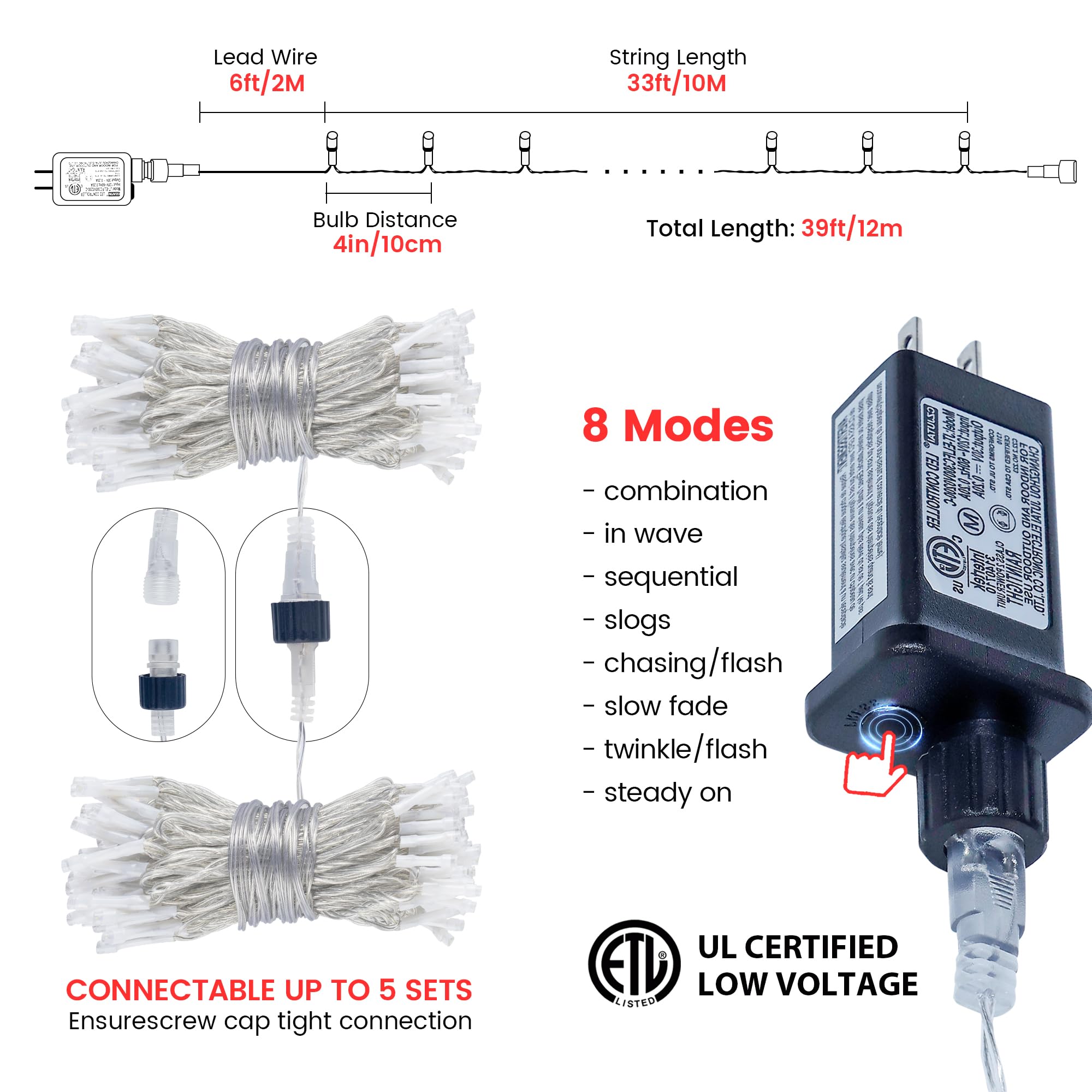 Hopolon Christmas Lights Outdoor Indoor,Red And Green 100 Led Christmas String Lights,33Ft Extendable Waterproof Clear Wire Twinkle Light Plug In For Xams Tree Wedding Party Yard Patio Garden