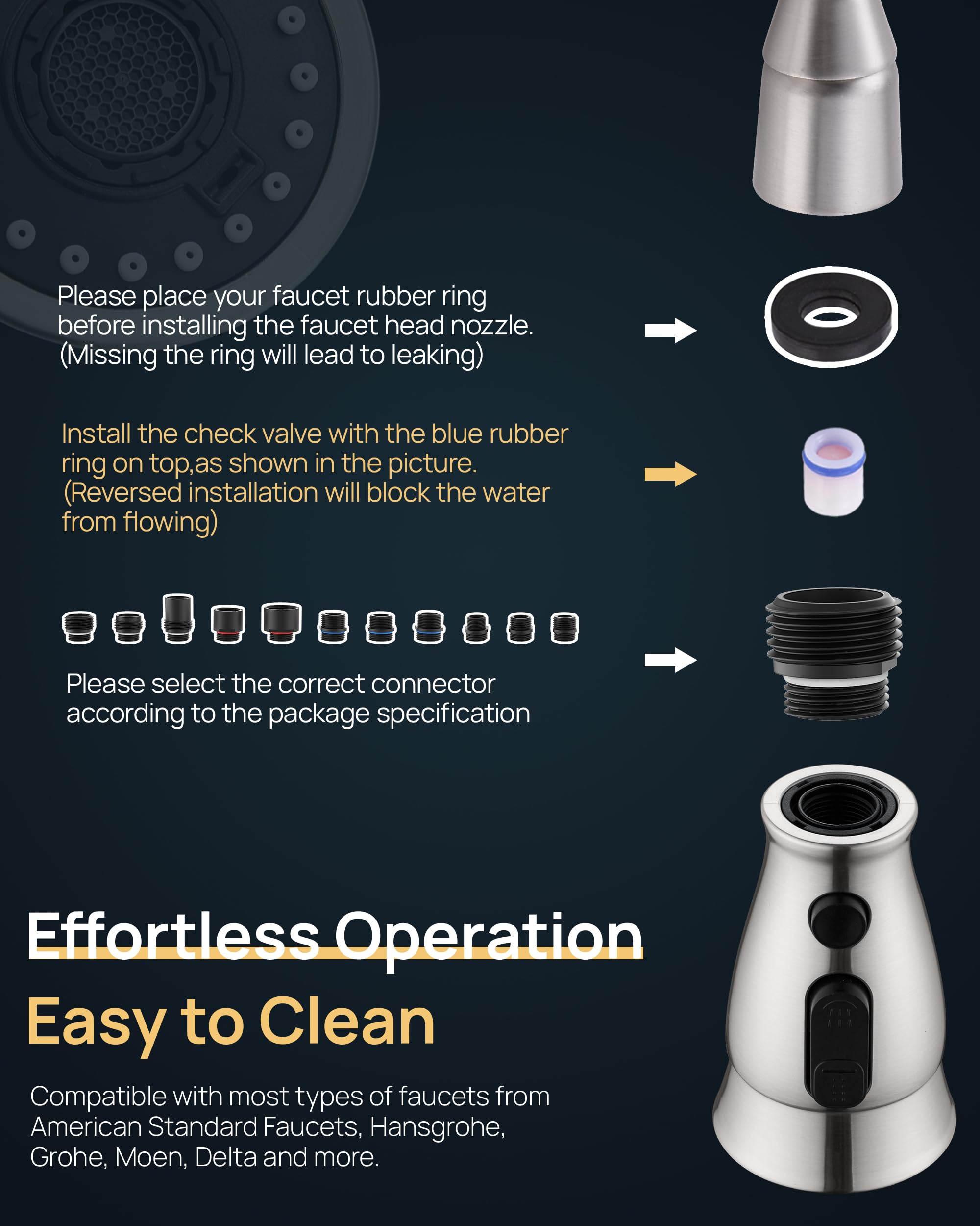 J-Hva Kitchen Faucet Sprayer Head Replacement With 15 Adapters (Updated) - Pull Down Kitchen Sink Faucet Spray Nozzle Head Replacement 3-Function Tap Spray Head For Kitchen Sink, Brushed Nickel