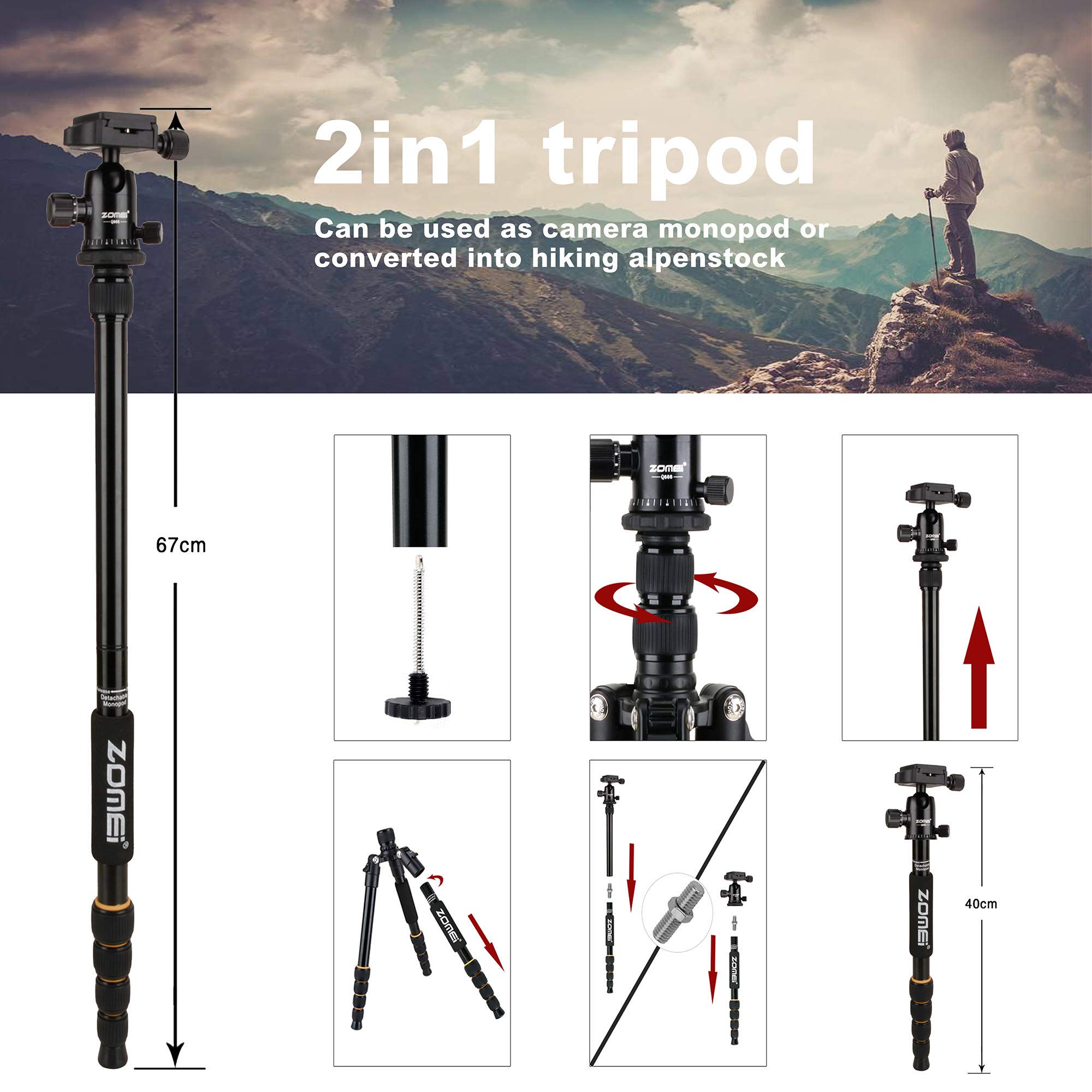 Yessbon Zomei Aluminum Portable Tripod With Ball Head Heavy Duty Lightweight Professional Compact Travel For Nikon Canon Sony All Dslr And Digital Camera