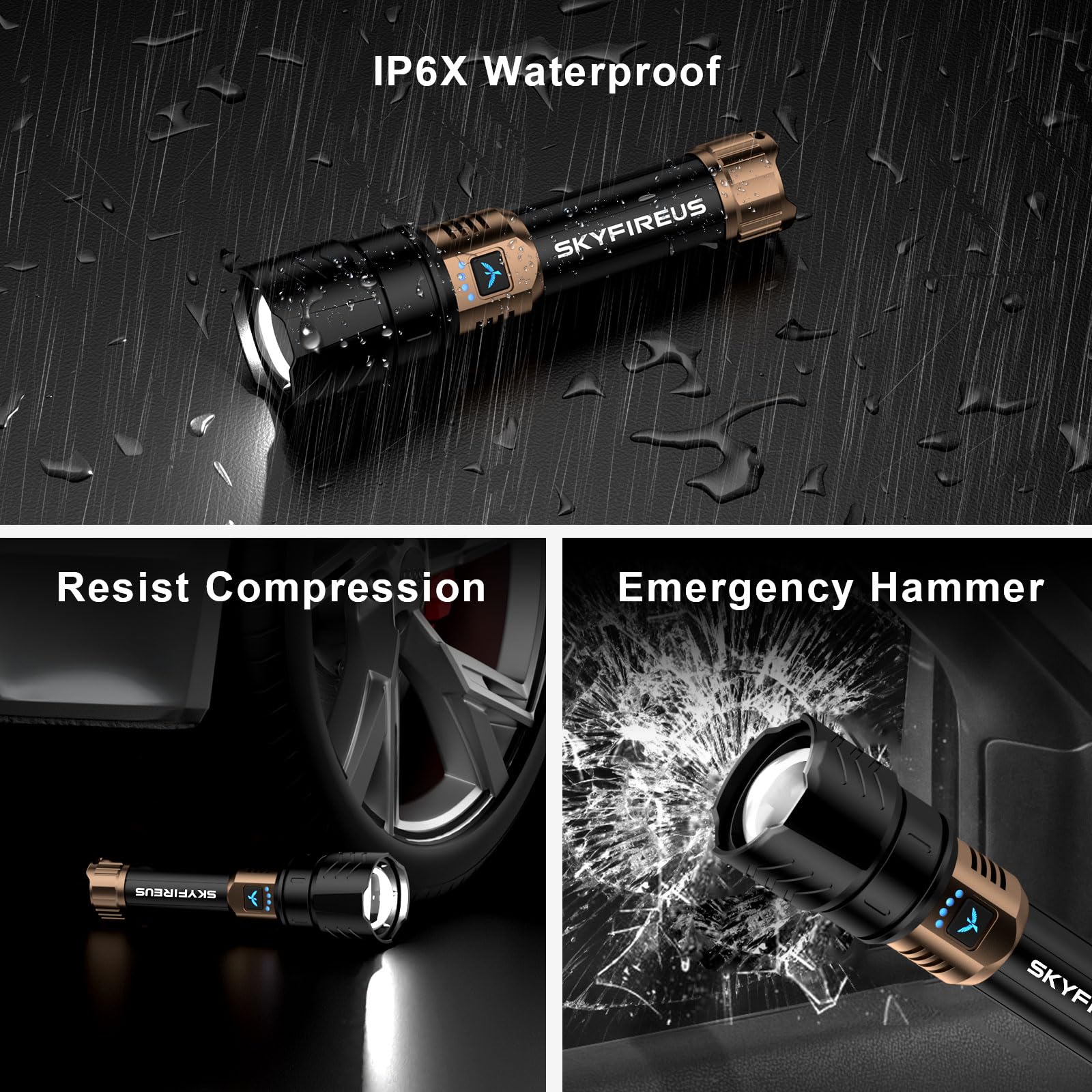 Skyfire Led Flashlight High Lumens,Super Bright Rechargeable Flashlight 8000Mah,Zoomable,Four Modes,Waterproof Flash Light For Camping Essentials,Outdoor And Home Emergencies-Gold&Black