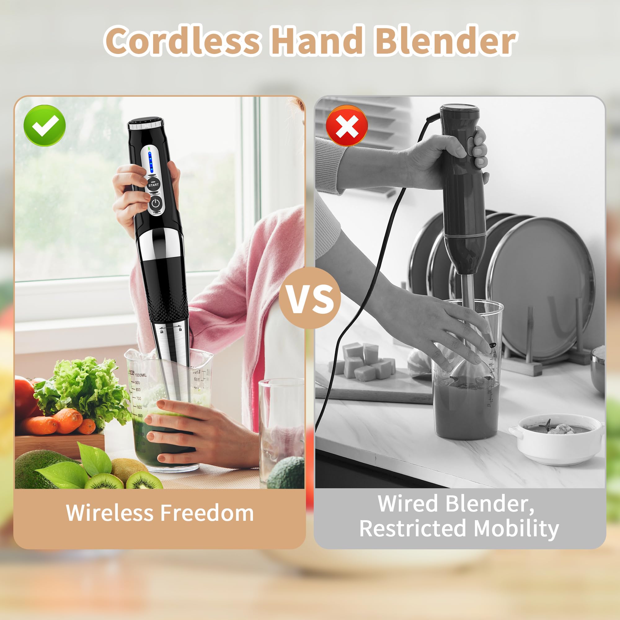 Toogel Cordless Immersion Blender Handheld: Powerful Rechargeable Electric Hand Blender, 21-Speed & 3-Angle Adjustable With Stainless Steel Blades For Milkshakes, Smoothies, Soup, Puree, Baby Food (Black)