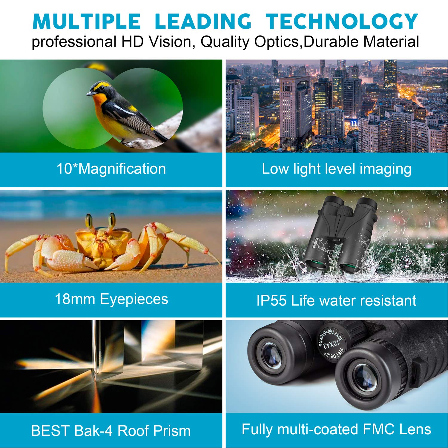 Binoteck 10X42 Binoculars For Adults - Professional Hd Roof Bak4 Prism Lens Binoculars For Bird Watching, Hunting, Travel, Sports, Cruise, Concert, With Carrying Bag