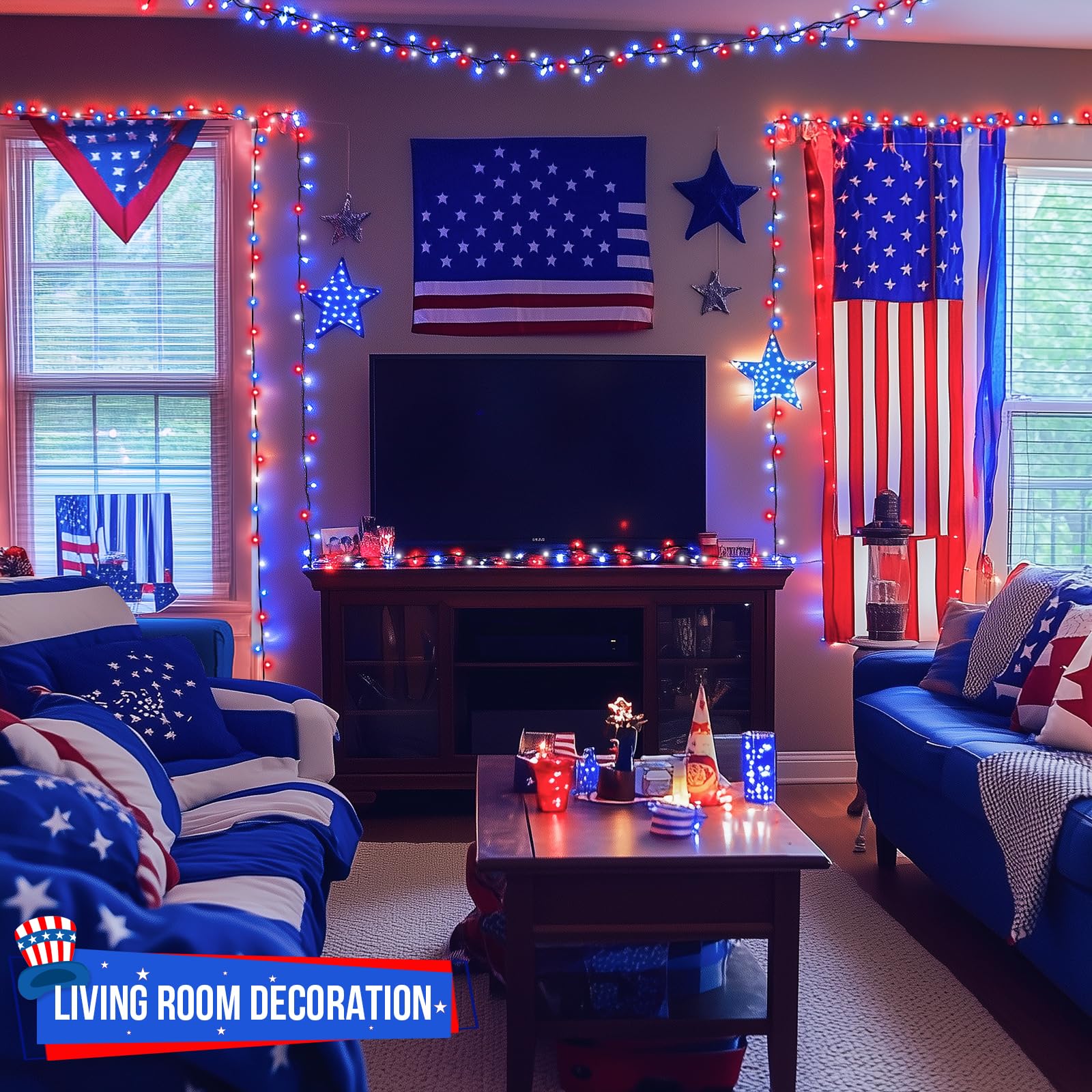 Jmexsuss 500 Led Red White And Blue Lights 4Th Of July Decorations, 173Ft 8 Modes 4Th Of July Lights Outdoor, Waterproof Patriotic String Light Plug In For Memorial Day Independence Day Holiday Decor