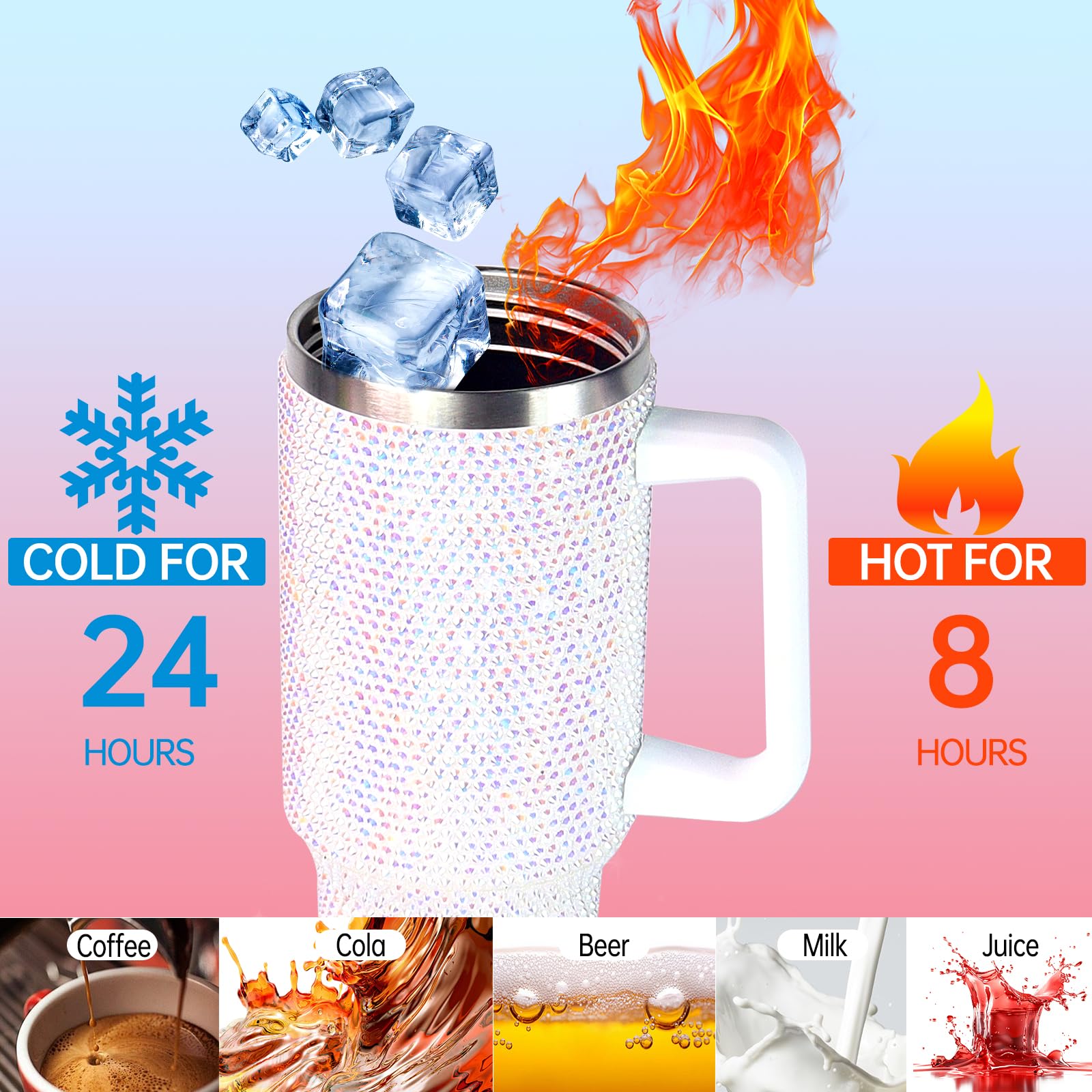 40Oz Bling Tumbler With Handle Studded Rhinestone Tumbler Glitter Cups With Lid Stainless Steel