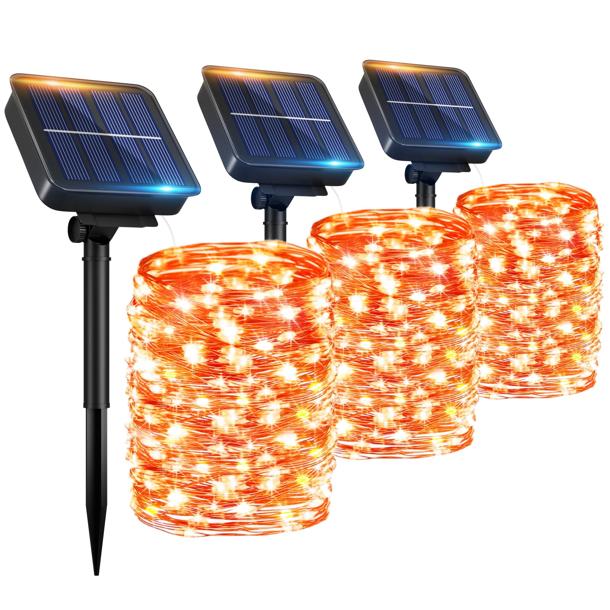 Ohlux 3 Pack Solar String Lights Outdoor, Orange Total 99Ft 300Led Solar Powered Waterproof Fairy Lights, 8 Modes Christmas Lights For Garden Christmas Patio Tree Wedding Decor
