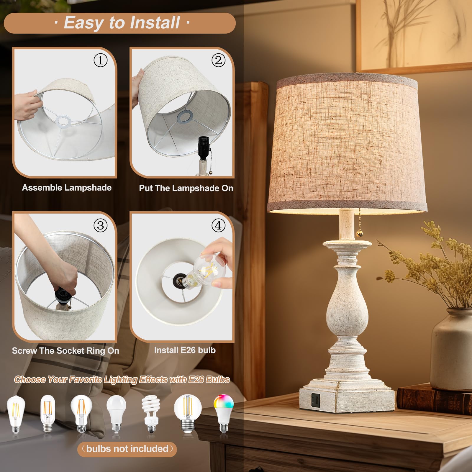 Huitico 21.5'' Bedside Table Lamps For Bedroom Set Of 2 Nightstand Lamps With Usb A + C Charging Ports Modern Farmhouse Small Table Lamps For Living Room End Tables, White, Bulbs Not Included