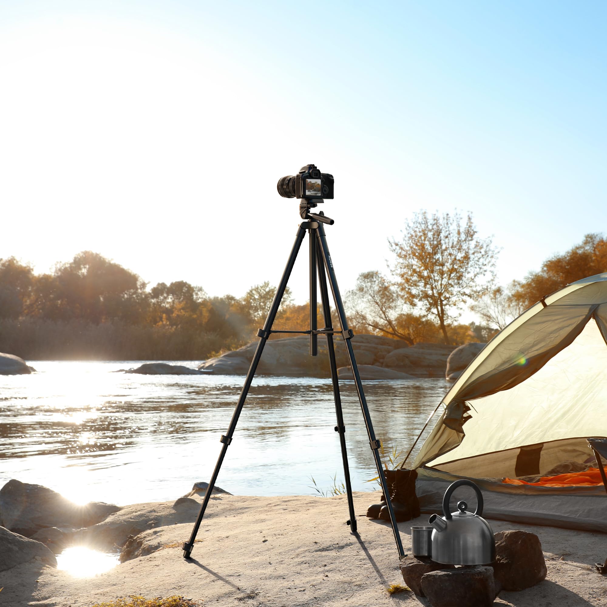 Auleda 60″ Camera Tripod Lightweight Travel Tripod Stand Compatible With Canon Nikon Dslr Cameras With Wireless Remote Phone Holder And Bag Max Load 6.6 Lb Black