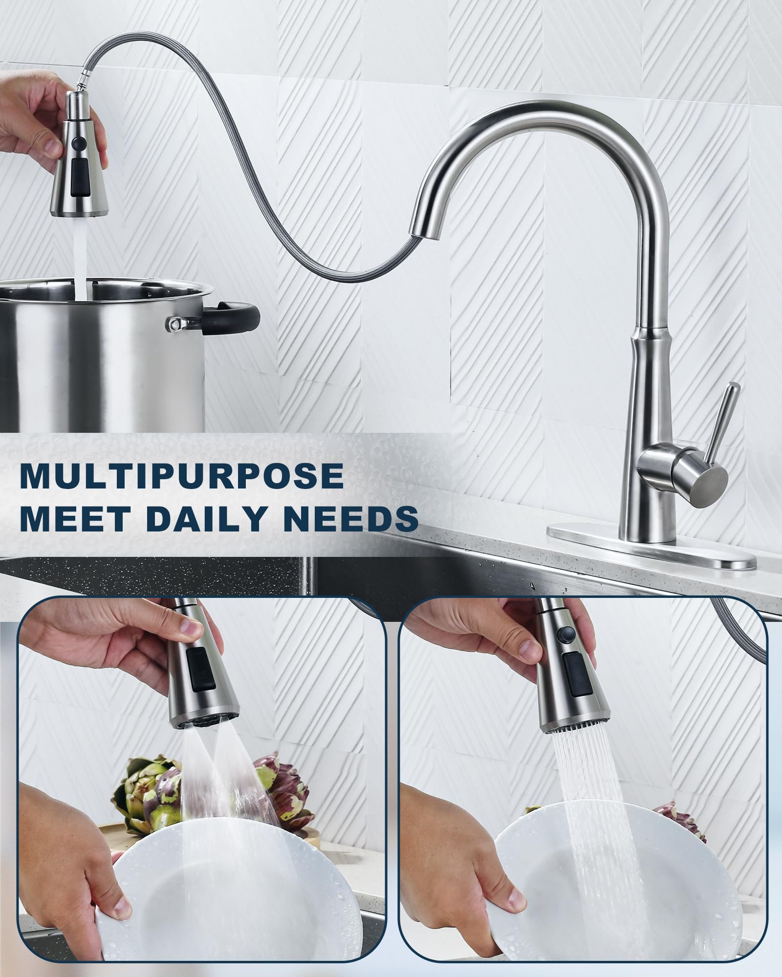 Aleasha Pull Down Spray Head For Kitchen Faucet,3-Function Sink Spray Nozzle With 9 Adapters,Kitchen Faucet Head Replacement Compatible With Moen,American Standard Faucets,Brushed Nickel