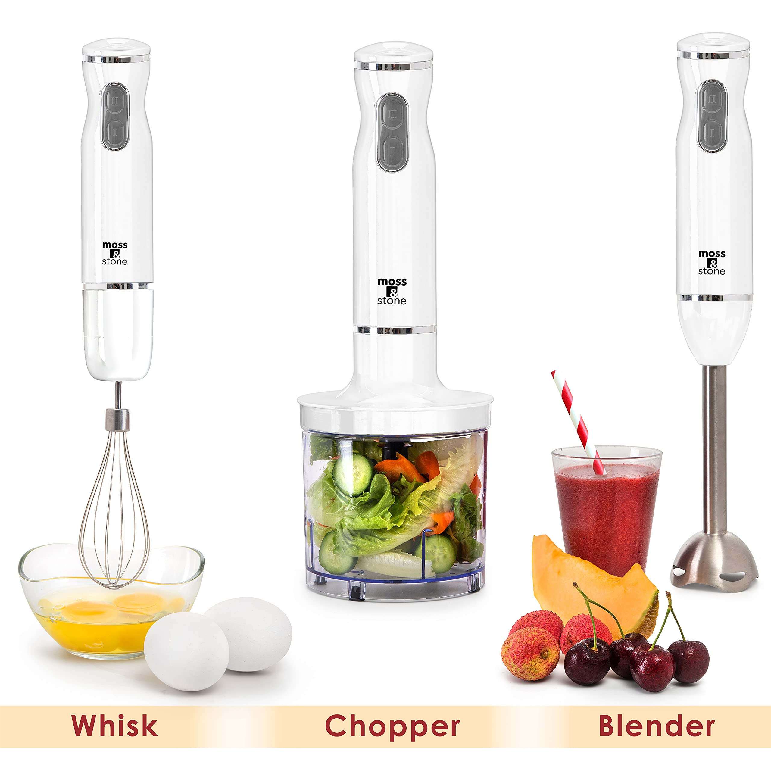 Moss & Stone Hand Blender With Egg Whisk & Chopper, Powerful 300 Watt Stick Blender, Hand Mixer Set Stainless Steel Shaft & Blades, White Handheld Blender With Ergonomic Handle