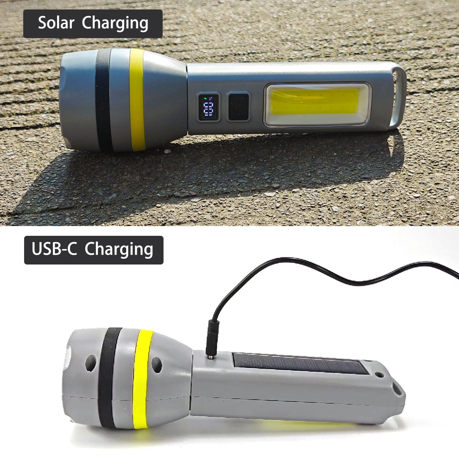 Hilngav 2 Pack Solar Flashlight, Rechargeable Led Flashlight, 500 Lumens Led Solar Powered Flashlights With Digital Display 1200Mah Battery Rechargeable Handheld Flashlights For Home Emergency Camping