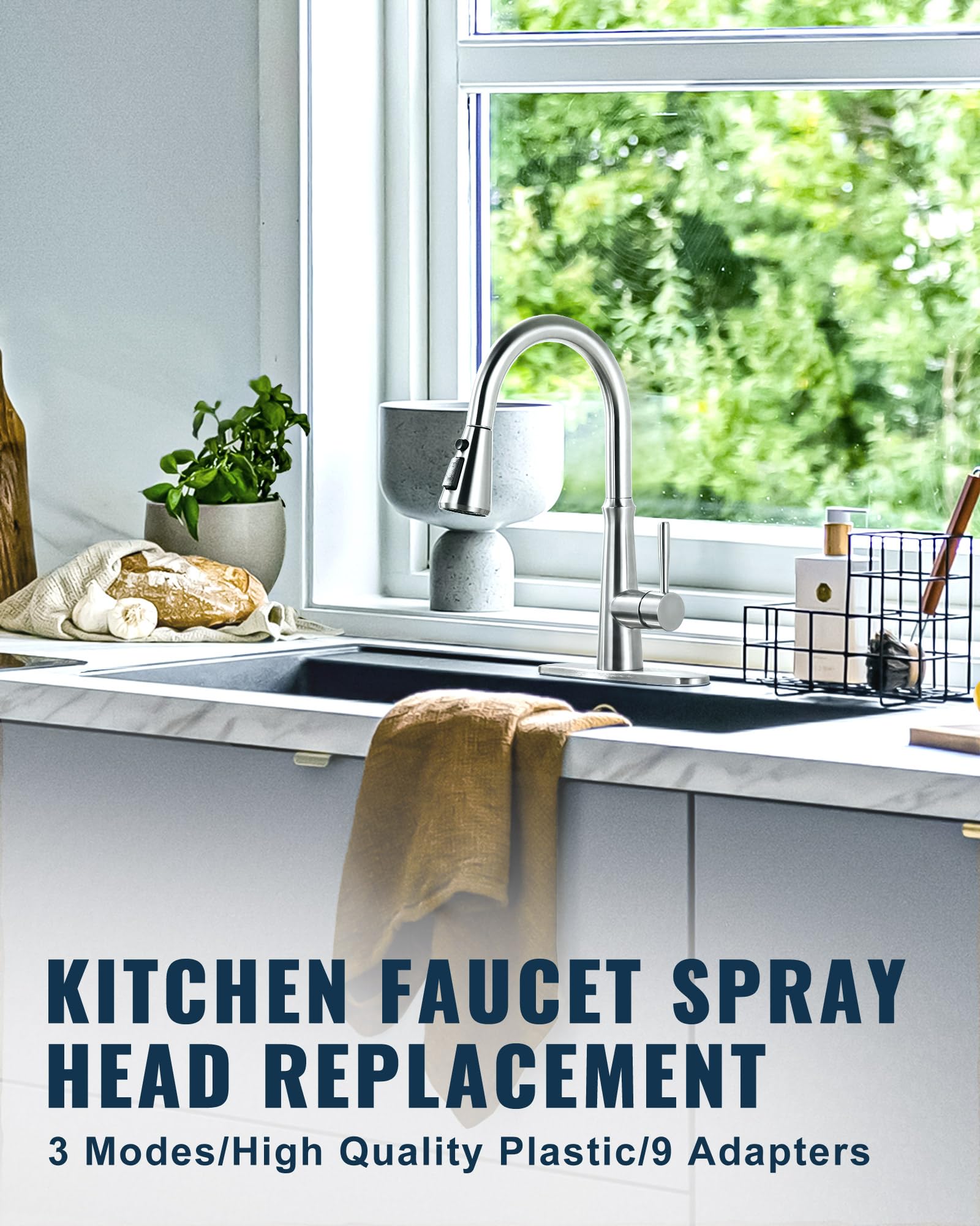 Aleasha Pull Down Spray Head For Kitchen Faucet,3-Function Sink Spray Nozzle With 9 Adapters,Kitchen Faucet Head Replacement Compatible With Moen,American Standard Faucets,Brushed Nickel