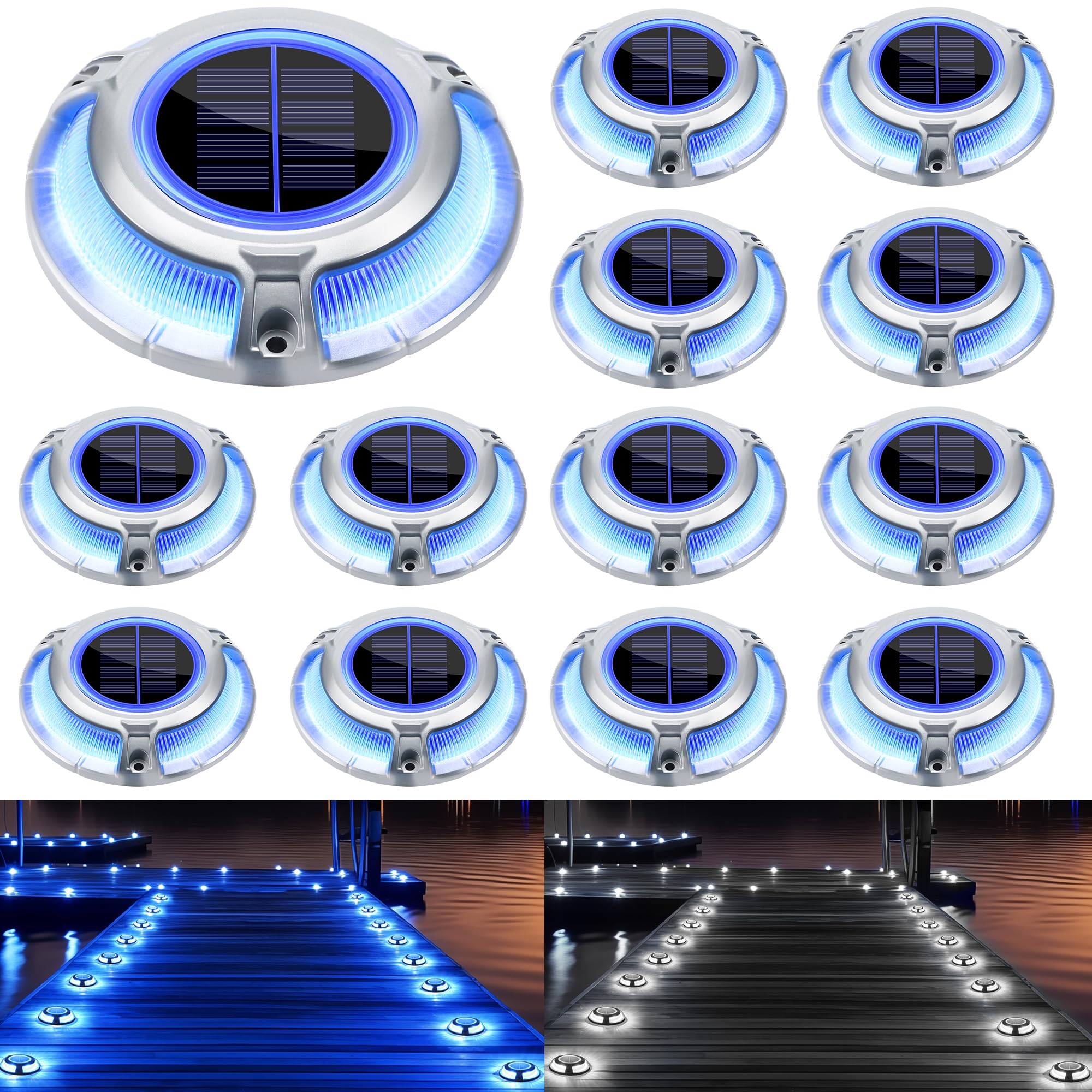 Brizled 12 Pack Solar Driveway Lights, 2 Colors In 1 Outdoor Dock Lights, Ip67 Waterproof Deck Lighting Marine Light, Road Marker Solar Light For Sidewalk Pathway Walkway Garden Yard(Cool White/Blue)