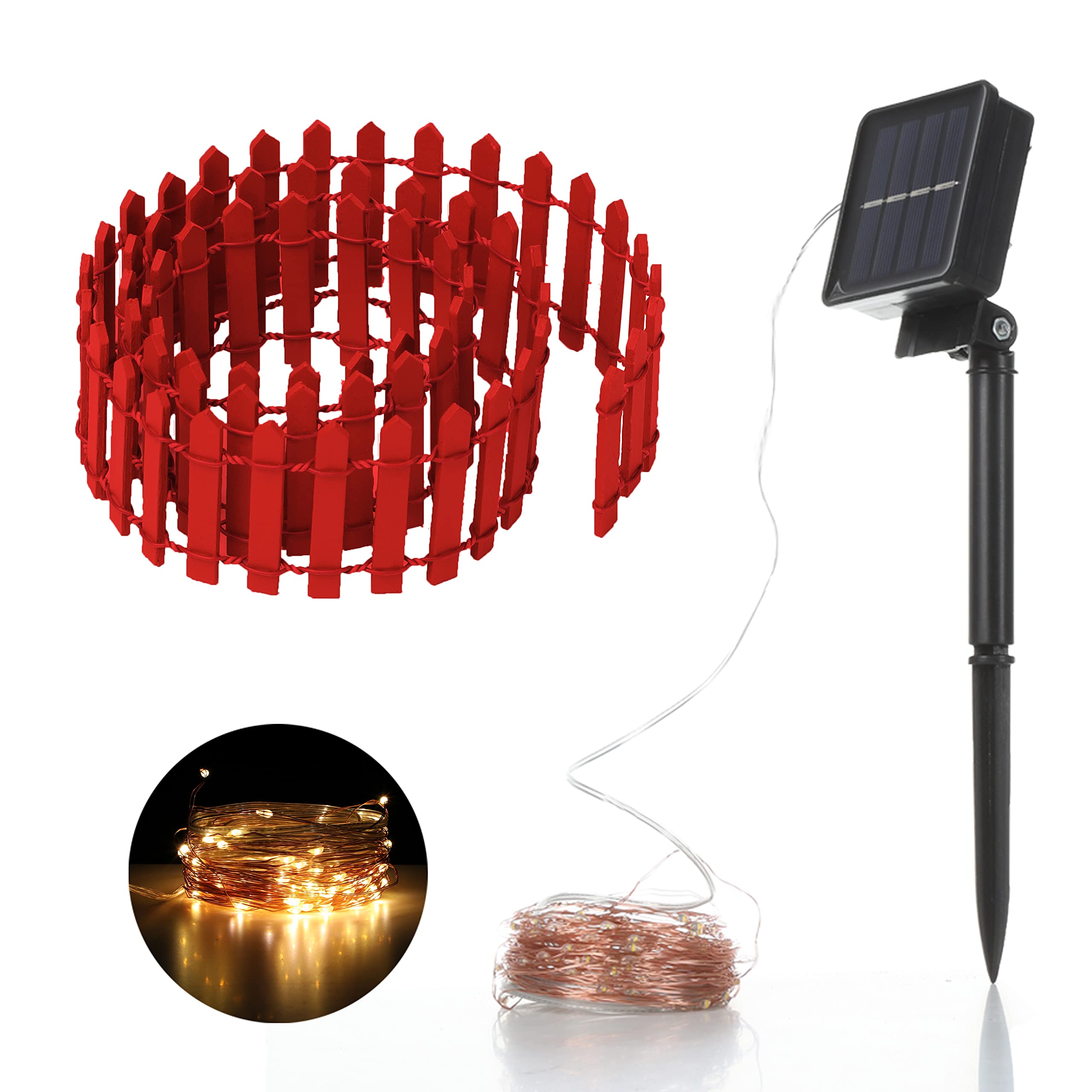 Robkea 36 Inch Mini Fence Fairy Garden Fence & Waterproof Led 40Ft 100 Led Solar String Lights With 8 Lighting Modes Fairy Garden Accessories Outdoor (Red)