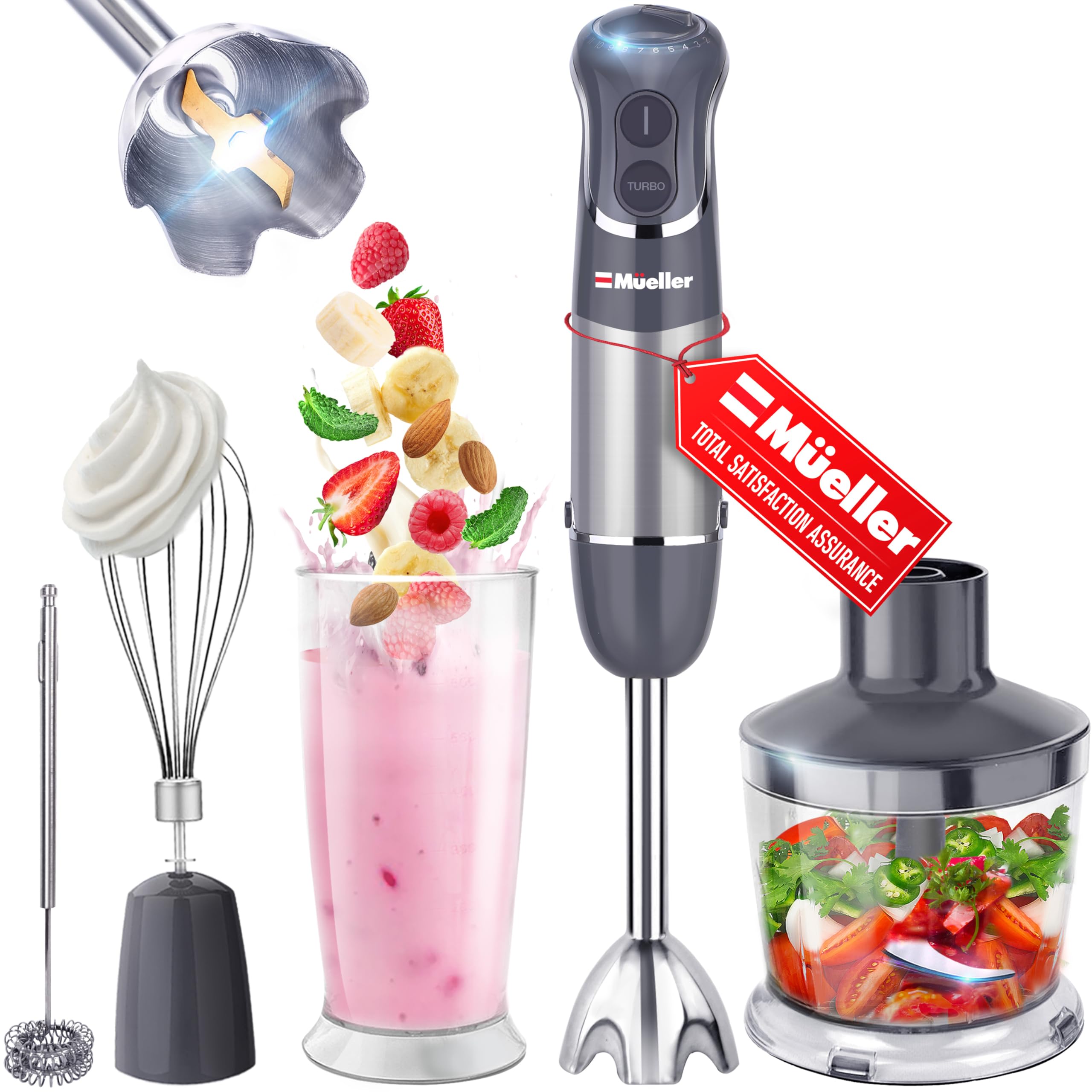 Mueller Multistick 800W 4-In-1 Immersion Blender Handheld, 12 Speed Hand Mixer Turbo Boost, Heaviest Duty Copper Motor, Titanium Blades Hand Blender, Milk Frother Wand, Whisk, Beaker, Chopper, Grey