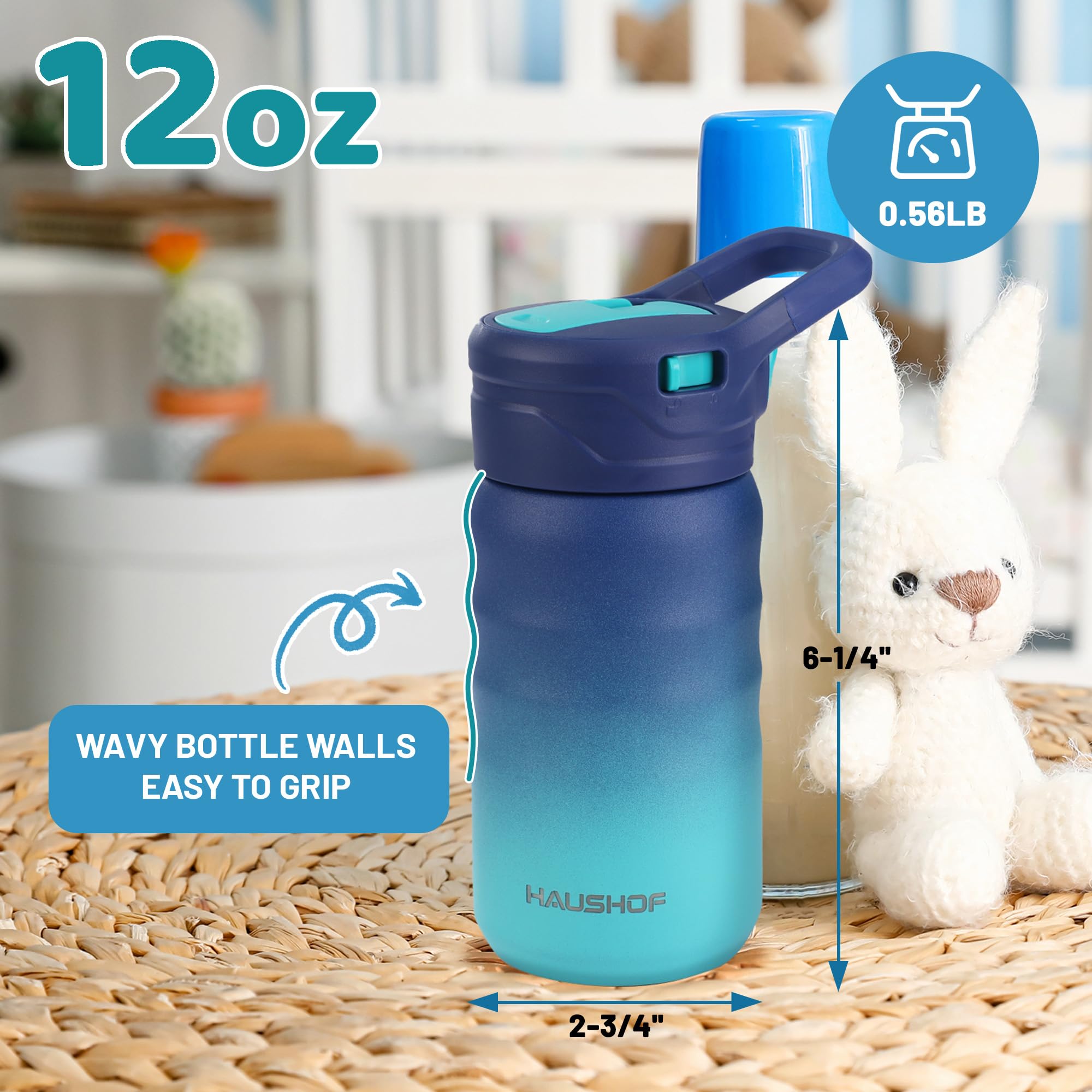 Haushof Kids Water Bottle 12 Oz- With Straw And Stickers, Stainless Steel