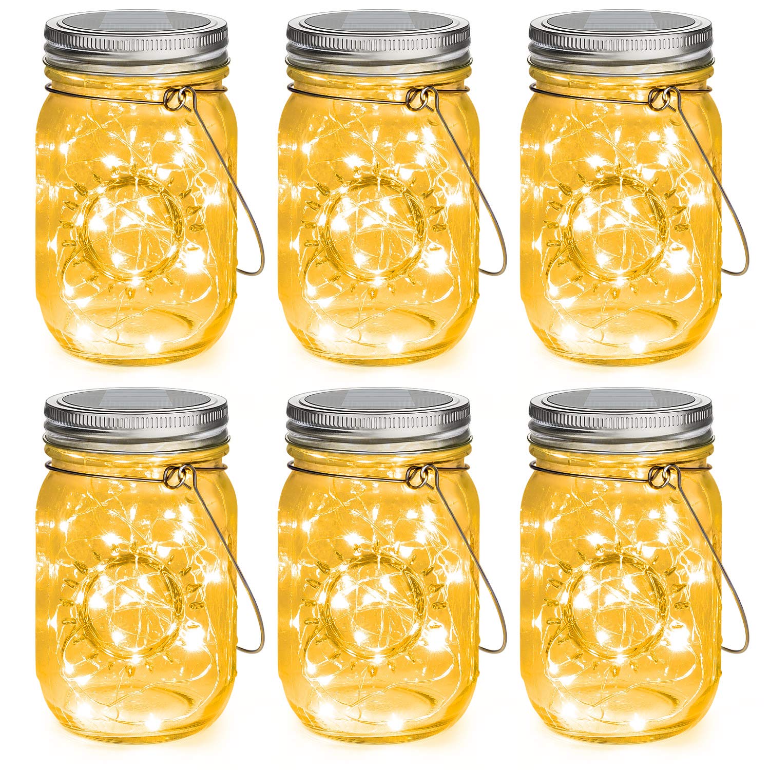 Mlambert Mason Jar Solar Lights 30 Leds, 6 Pack Hanging Solar Lights Outdoor, Waterproof Fairy Lights Solar Lanterns For Patio Garden, Warm White
