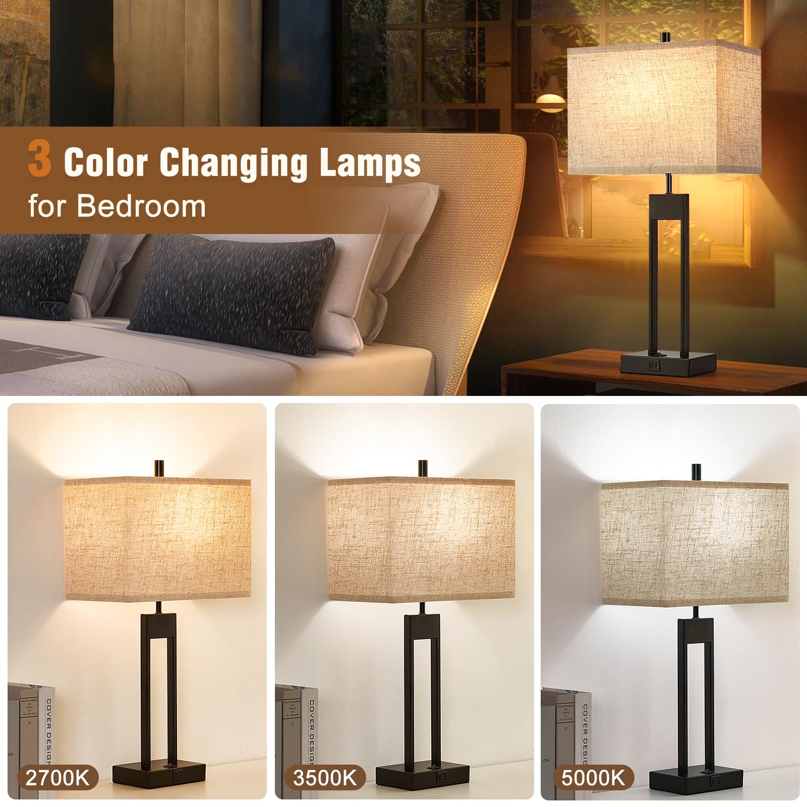 Gyrovu 25.5’’ Nightstand Table Lamps For Bedrooms Set Of 2, Bedside Lamp With Usb C+A, 3 Colors Changeable Living Room Lamps For End Tables, Modern Night Stand Lamps For Bed Side Guest Room Office Reading