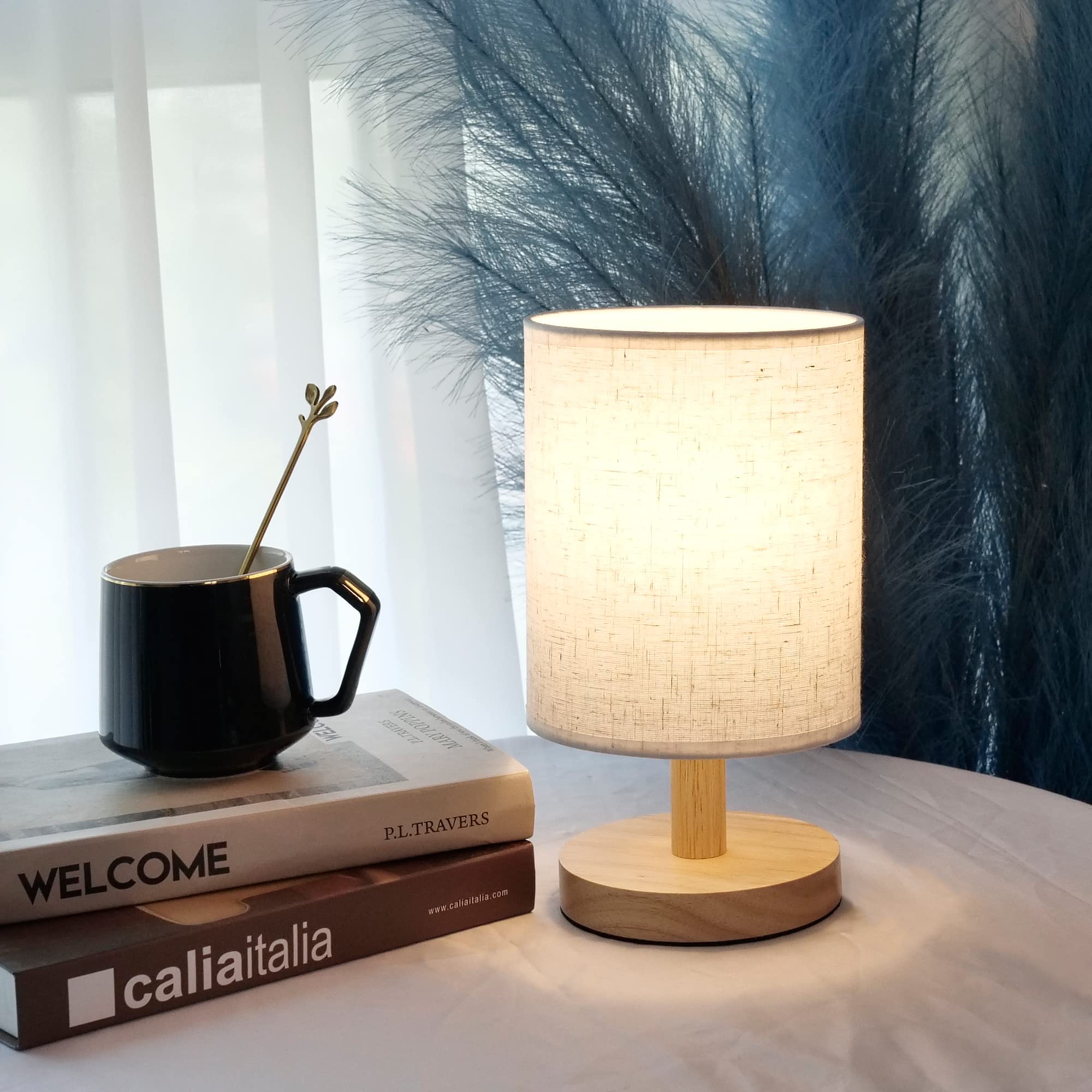 Achuai Small Table Lamp Mini Bedside Night Light Wooden Simple Desk Nightstand Lighting With Linen Shade For Bedroom, Living Room, Kids Room (Including Led Bulb) (Round)