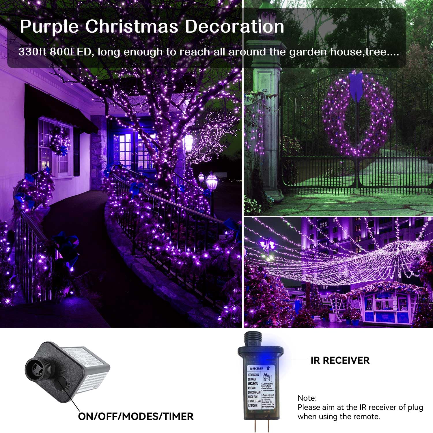 Zhouduidui Purple String Lights, 800Led 330Ft, 8 Modes Timer, Waterproof Indoor/Outdoor, Halloween/Christmas Garden Party Decoration