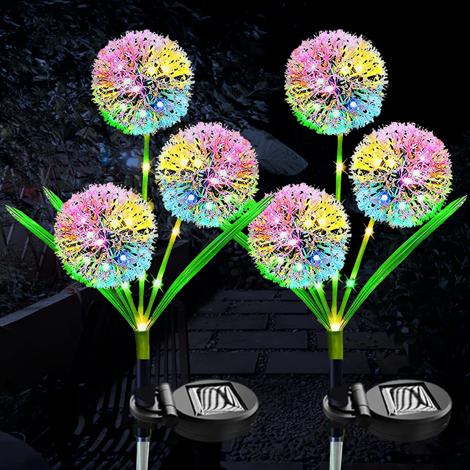Xvz Solar Lights Outdoor Garden Decor, 2 Pack 36 Led Solar Dandelion Garden Lights,Ip65 Waterproof Colorful Optical Fiber Solar Lights For Yard Lawn Pathway Wedding