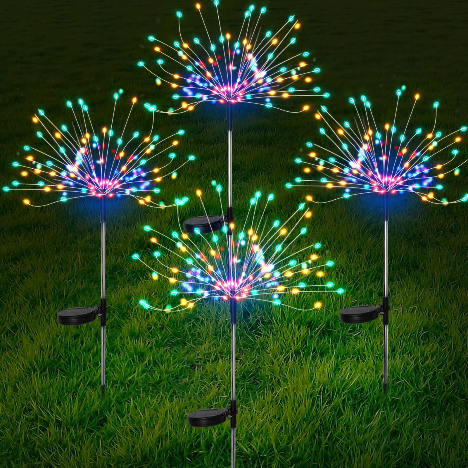 Fooing 4 Pcs Solar Garden Lights Solar Firework Lights, 120 Led Solar Powered String Light 8 Modes Twinkling Solar Lights For Garden, Wedding, Party,Patio (Colorful)