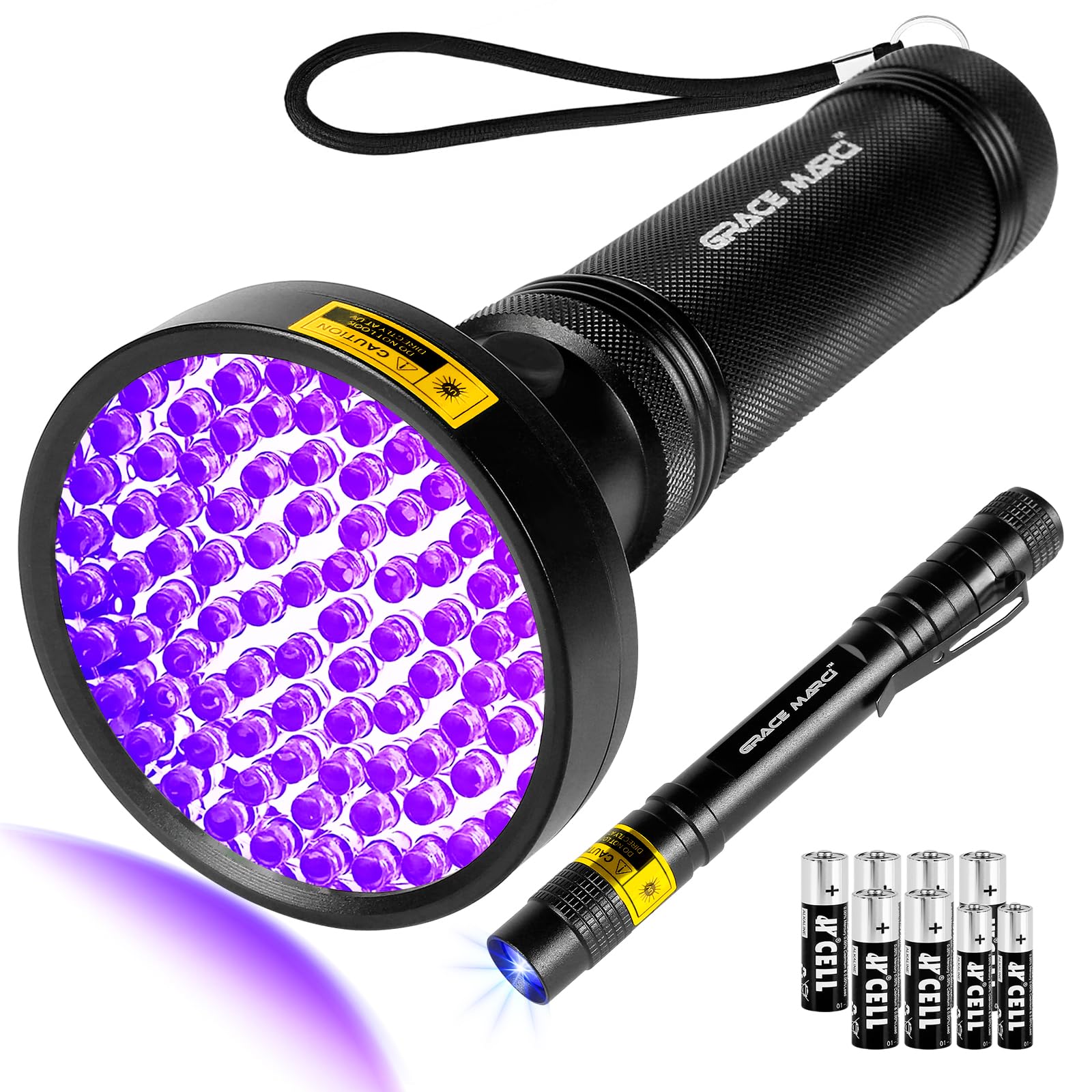 Grace Marci Uv Flashlight 2 Pack, 100 Led 395Nm Black Light And 3W Mini 365Nm Uv Pen Flashlight, Pet Urine Detector For Dog/Cat Urine, Dry Stain, Bed Bug, Scorpion (Battery Include) (100 Led/3W Pen Flashlight)