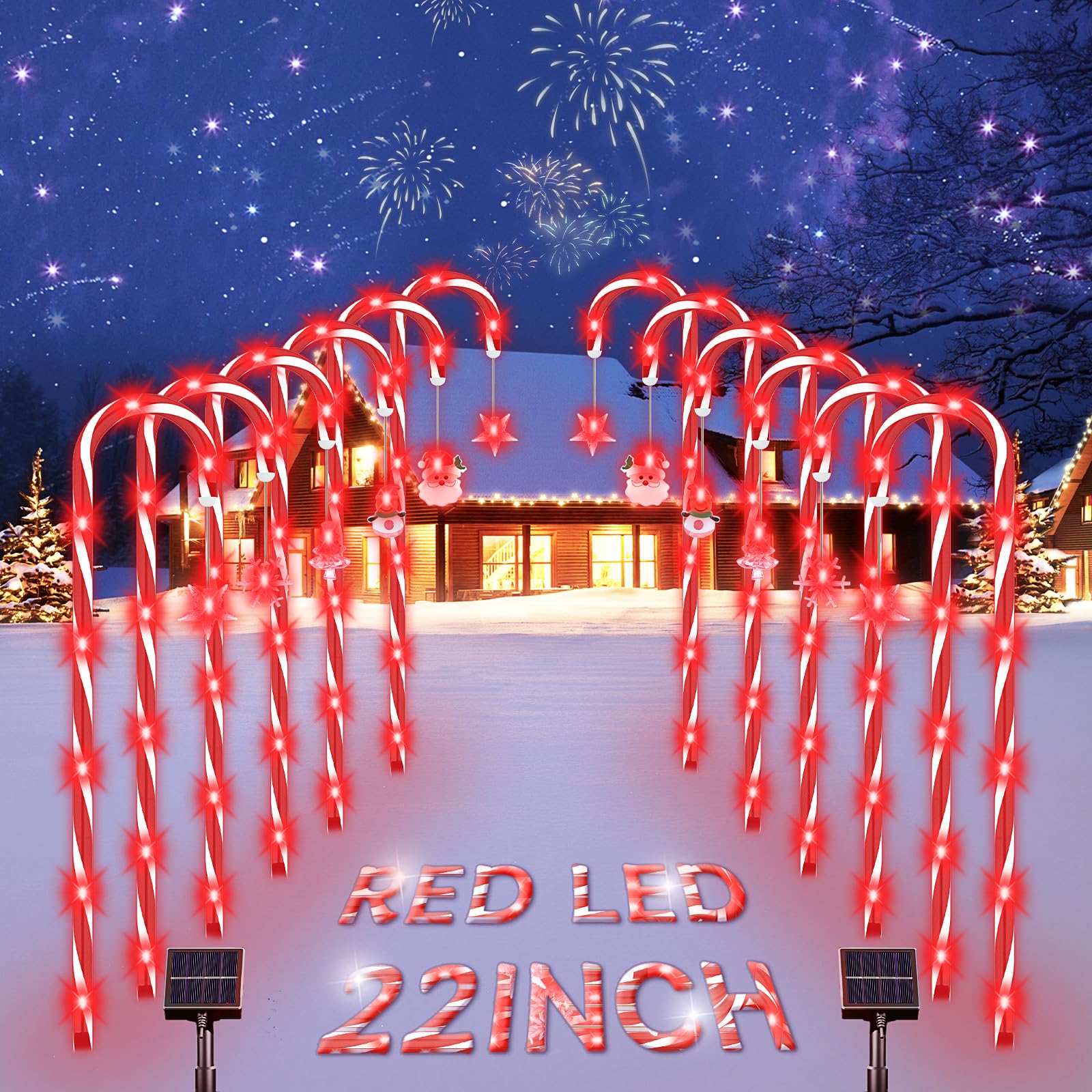 Alfiot Solar Christmas Candy Cane Lights, Red 12 Pack Pathway Stake Lights Outdoor, 8 Modes 2000Mah Walkway Markers With Stakes For Garden Patio Xmas Decorations (22'')