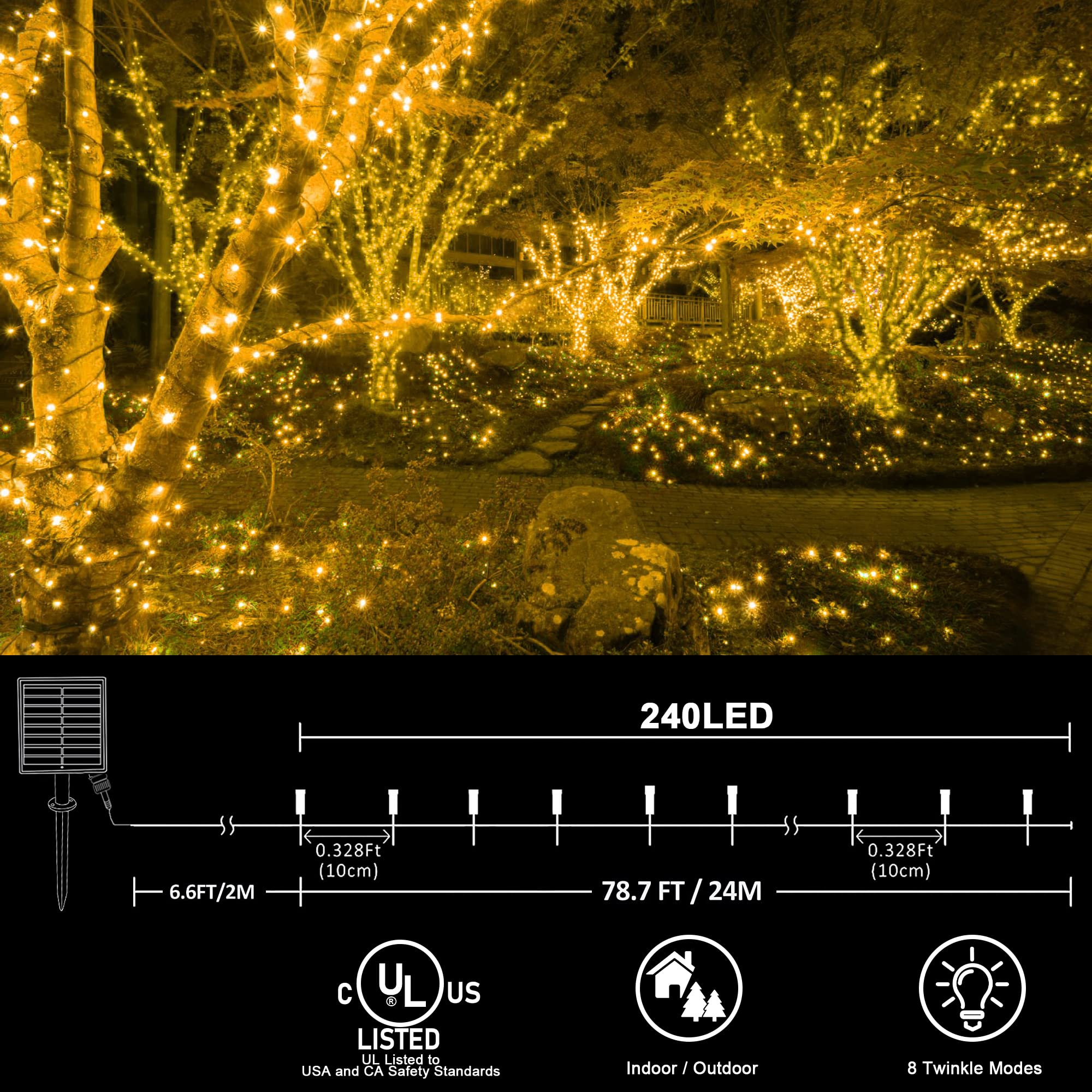 Kemooie 2 Packs Outdoor Solar Christmas Lights, 240 Led 78.7 Ft Waterproof Warm White Solar String Lights 8 Twinkle Modes For Xmas, Patio, Tree, Garden, Wedding, Party (Warm White)