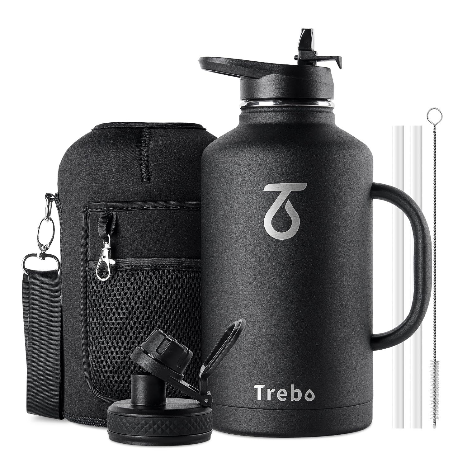 Trebo 64 Oz Water Bottle Insulated With Handle, Half Gallon Stainless Steel Metal Large Water Jug