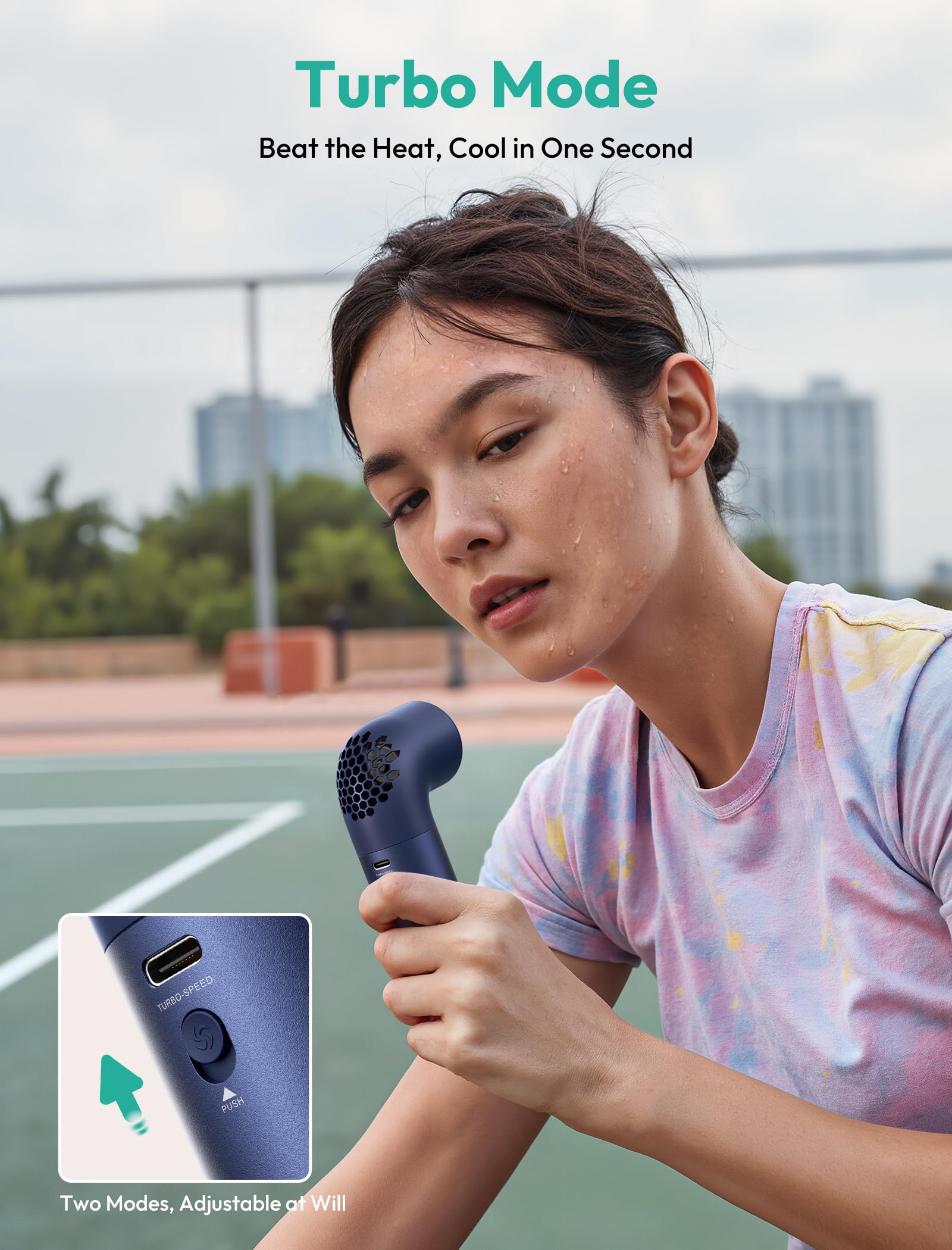 Portable turbo fan by Aecooly with 19000 RPM, rechargeable, providing extended cooling time Koospark