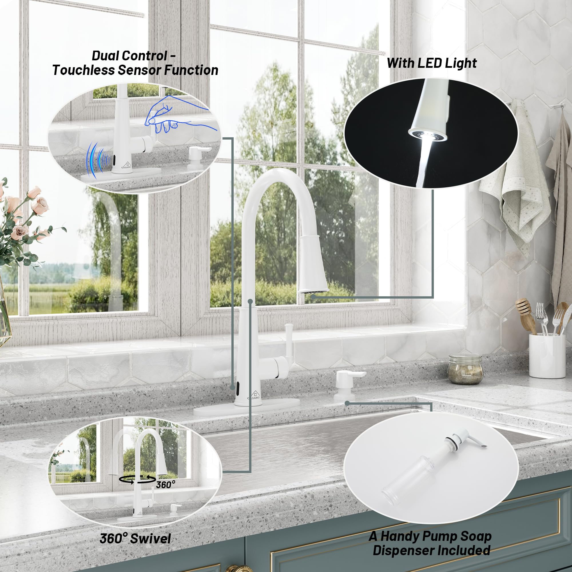 Casainc Touchless Kitchen Faucet With Pull Down Sprayer And Led Light Motion Sensor Kitchen Sink Faucet With Soap Dispenser Single-Handle Matte White Faucet For Kitchen Laundry Rv And Bar