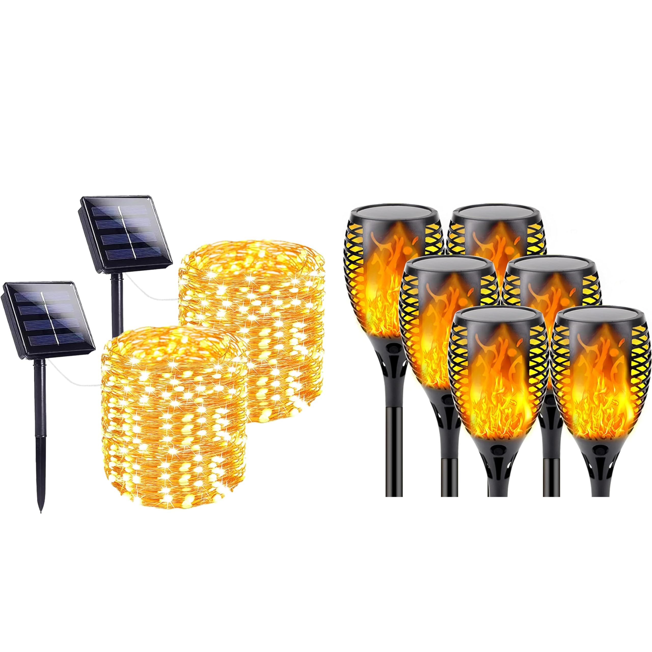 Sanjicha 2 Pack 144Ft 400Led Solar Lights Outdoor Waterproof With 6 Pack Extra Bright Solar Flame Torch Lights