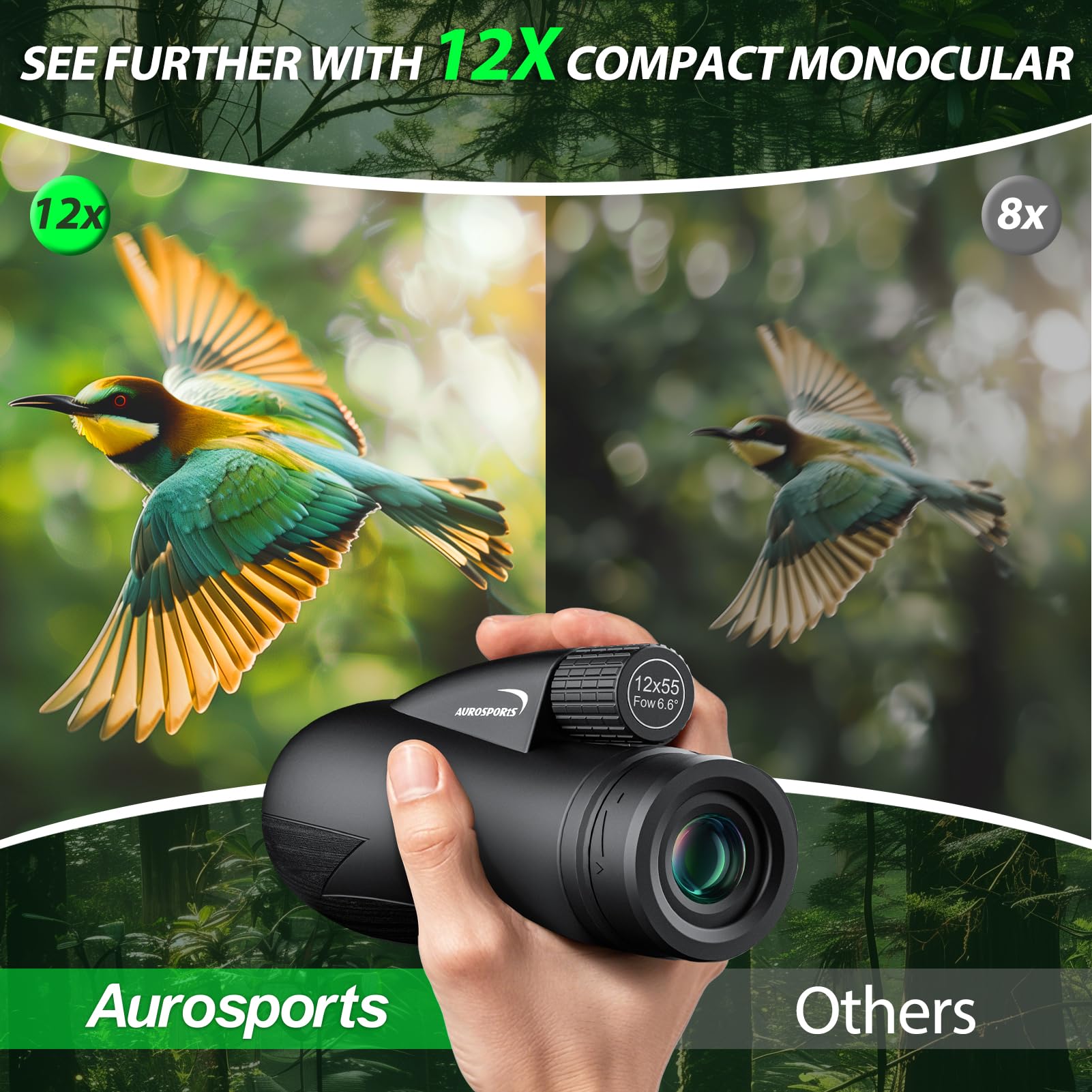 Aurosports 12X55 Monocular For Adults High Power - Compact Portable Monoculars For Bird Watching - Hd Monoculars With Smartphone Adapter Tripod Camera For Hunting Hiking Camping Wildlife