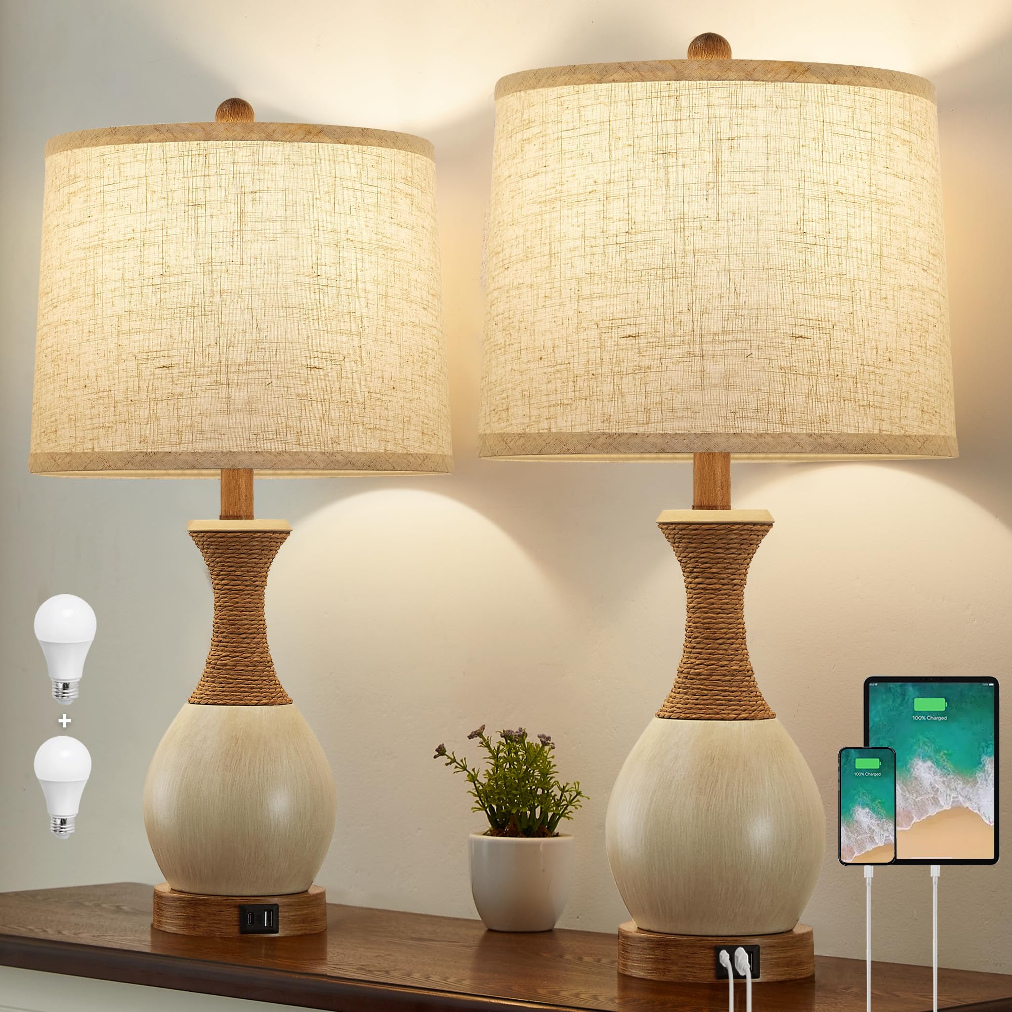 Ejiaxin Table Lamp For Bedroom Set Of 2 - Bedside Table Lamps With 3 Color Temperatures - Boho Rattan Lamps For Nightstand With Usb A+C Charging Ports Farmhouse Living Room Lamp Bulb Included