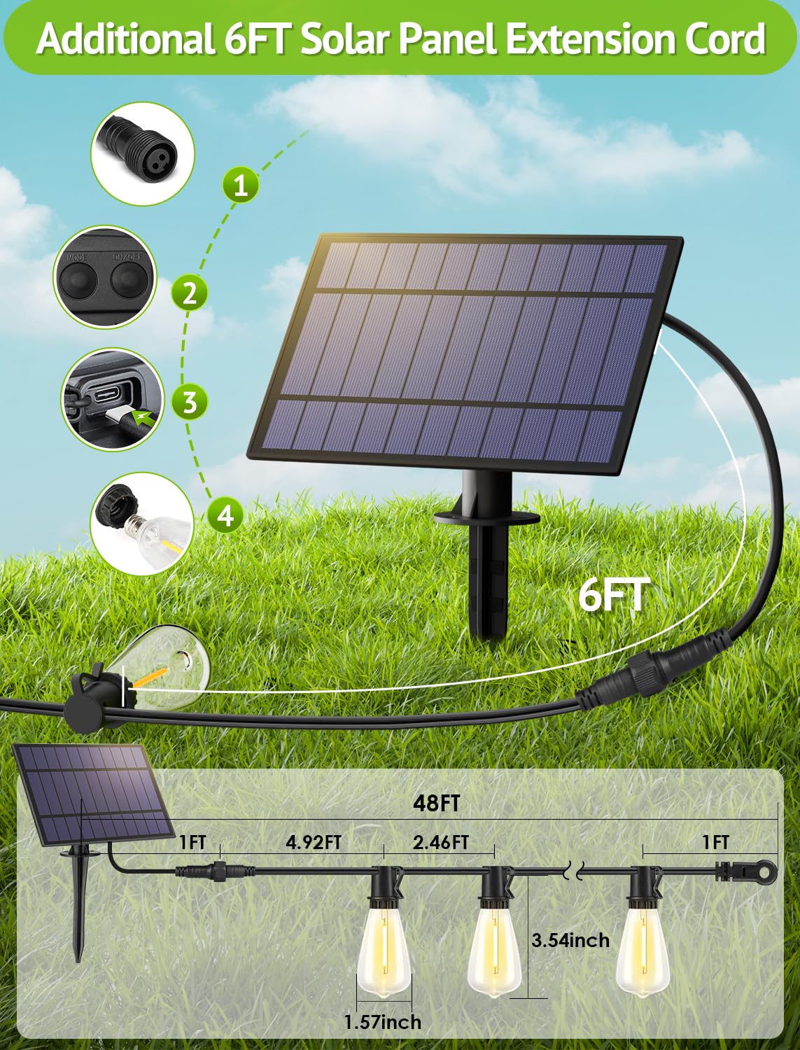 Larkvue 48Ft Solar String Lights Outdoor With Remote, Waterproof Dimmable Patio Lights With 18+1 Led St38 Bulbs 3 Modes Hanging Lighting For Backyard