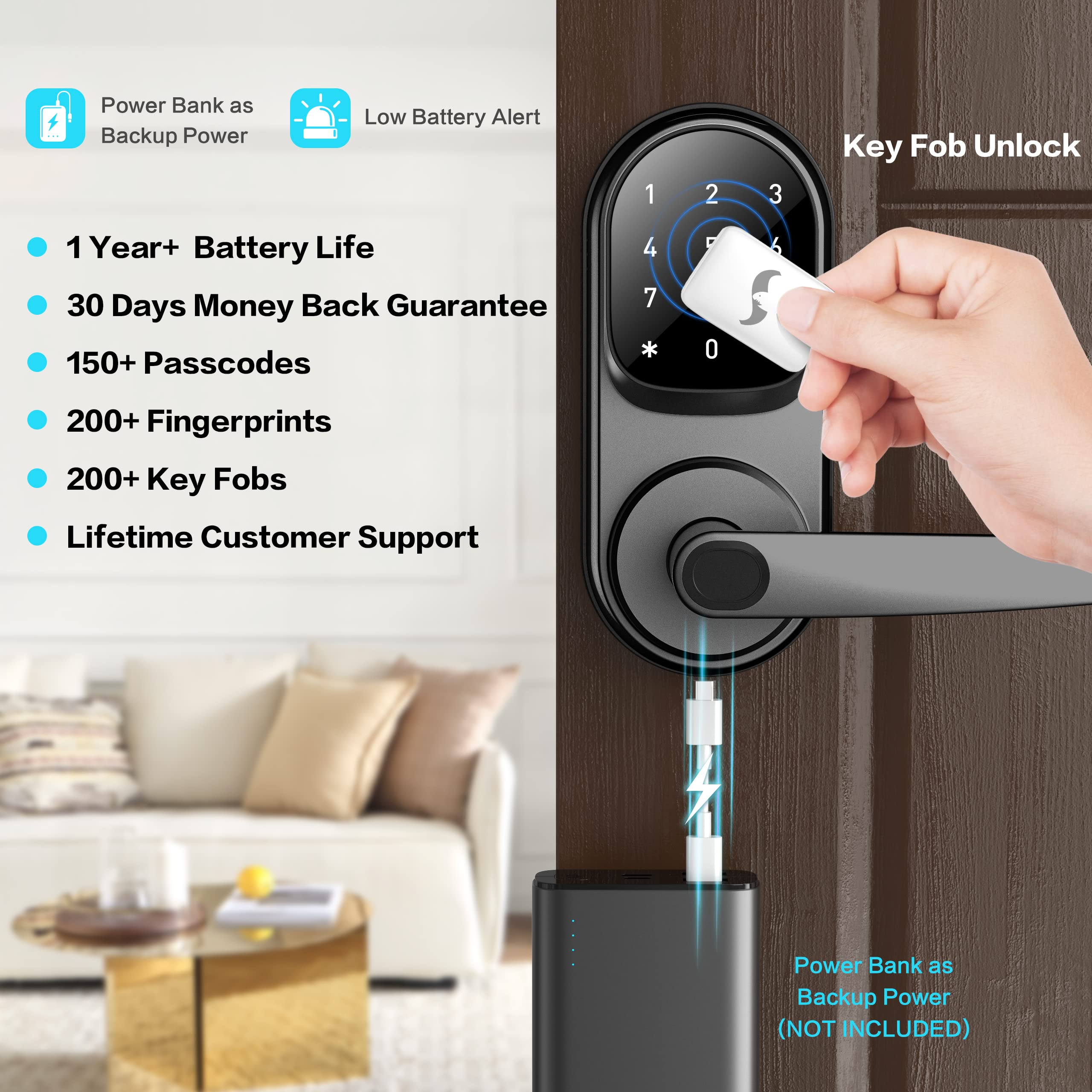 Sifely Keyless Entry Smart Lock - Fingerprint & Keypad Access, Front Door Handle, Black
